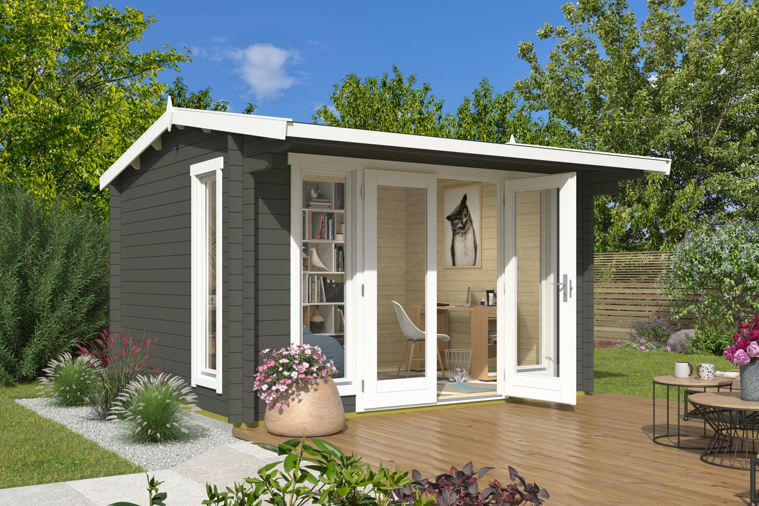 Gartenhaus NORDIC HOLZ "JUBILEE 44", grün (grüngrau), Fußboden im Gartenhaus, Massivholzdach, Holz, Gartenhäuser, Gartenhaus