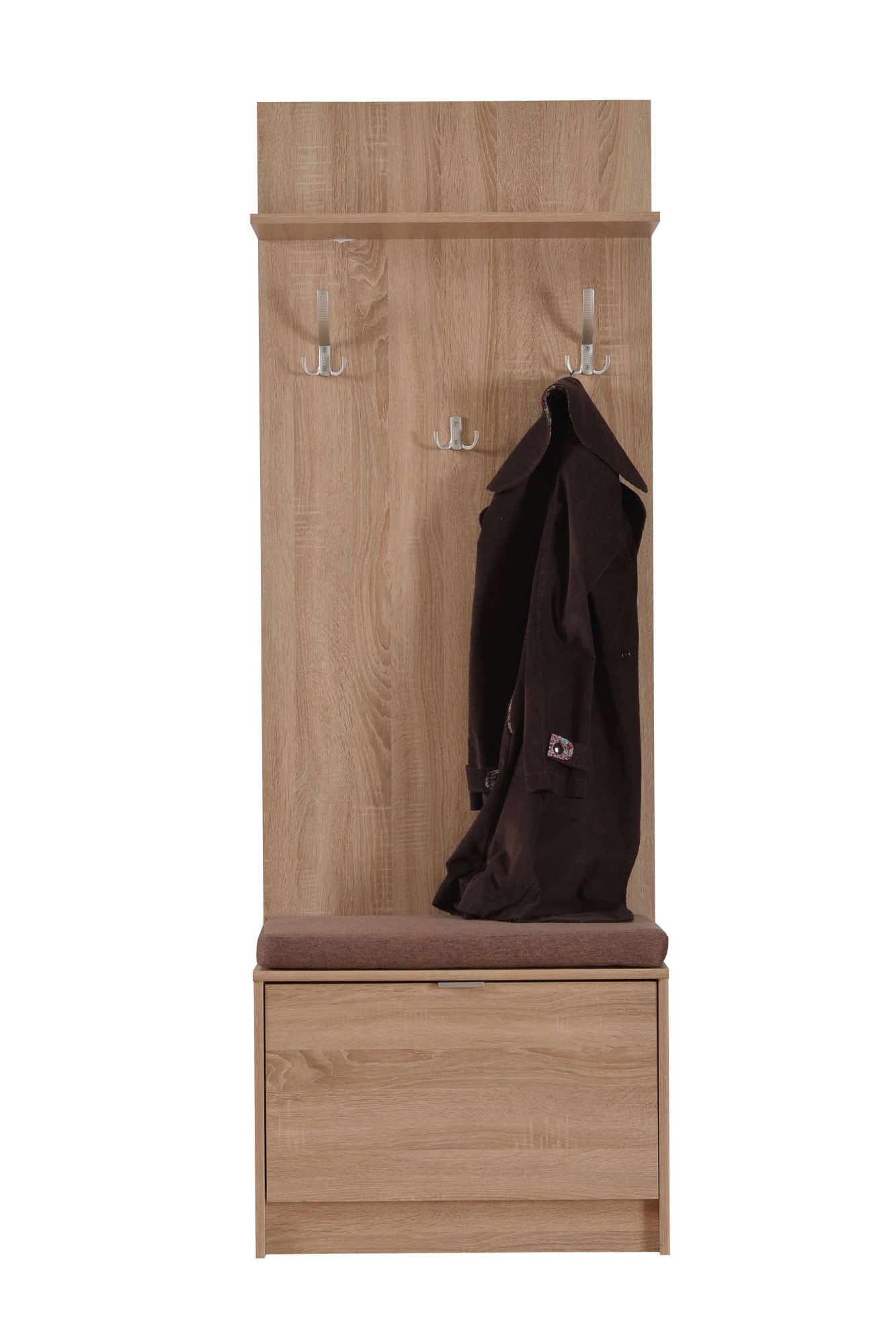 Kompaktgarderobe INOSIGN "Flamenco Flurgarderobe, Dielenschrank, Flurmöbel, Breite 67 cm", braun (sonoma eiche), B:67cm H:191,5cm T:35cm, Kunststoff, Metall, Spanplatte, Schränke, mit Sitzbank und Garderobenpaneel, Klapptür, 8 Haken, in Sonoma Eiche