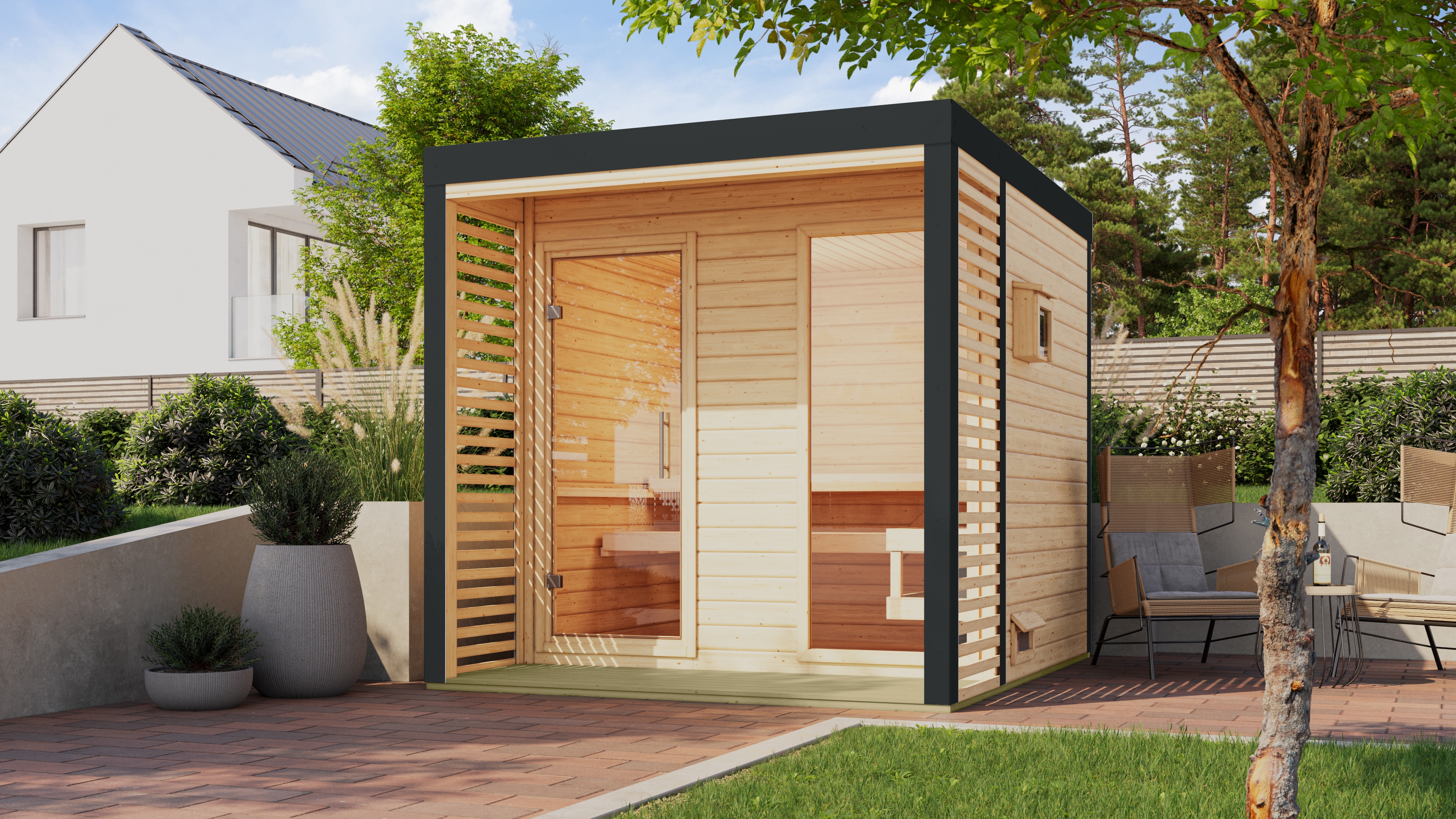Saunahaus KARIBU "Anja 2", braun (naturbelassen, anthrazit), Bio-Ofen, externe Steuerung, 9 kW, Saunen Image