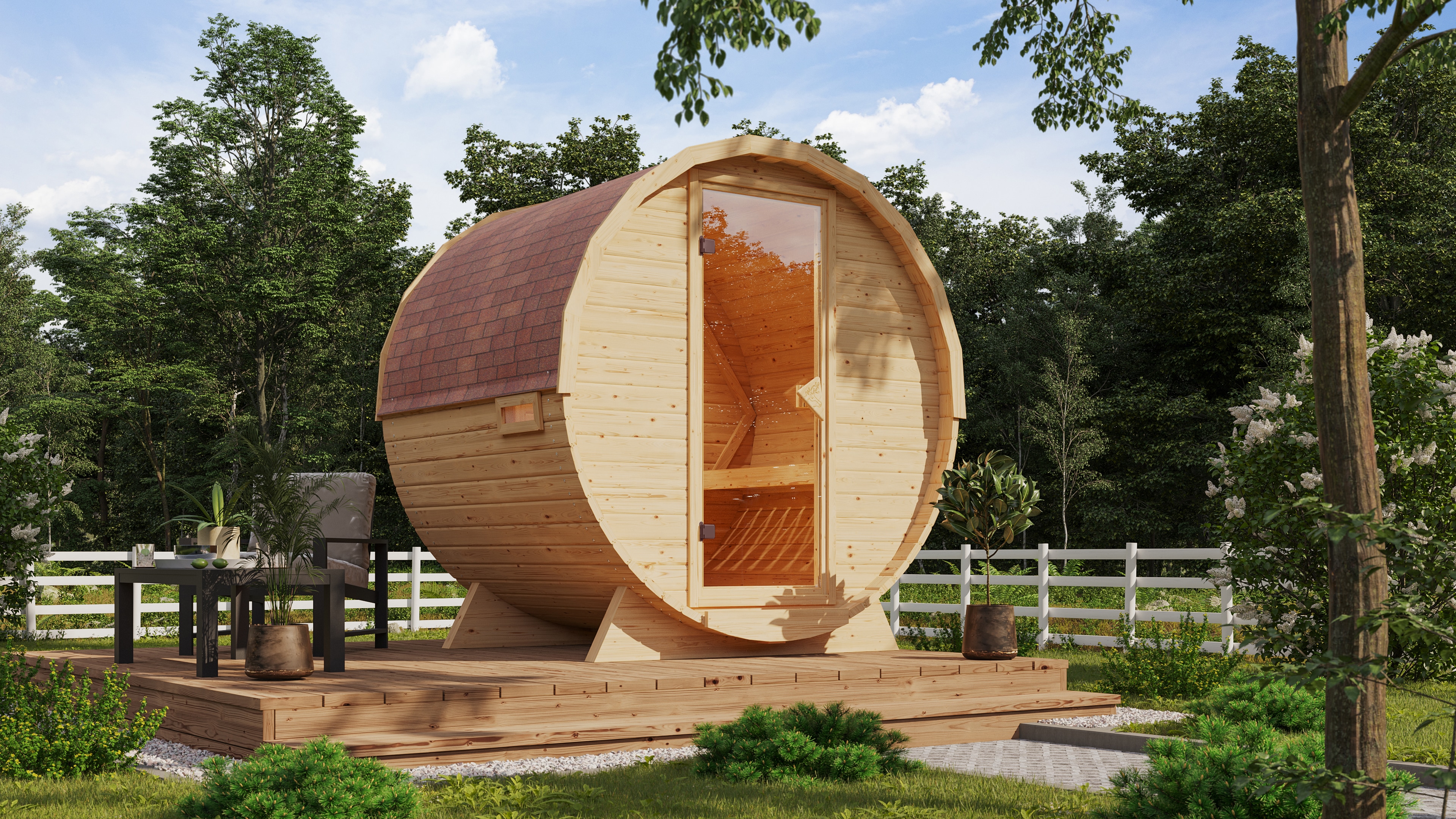 Saunahaus KARIBU "Set 1", beige (naturbelassen), Bio-Kombiofen, externe Steuerung, 9 kW, Saunen, naturbelassen, mit Ofen Image