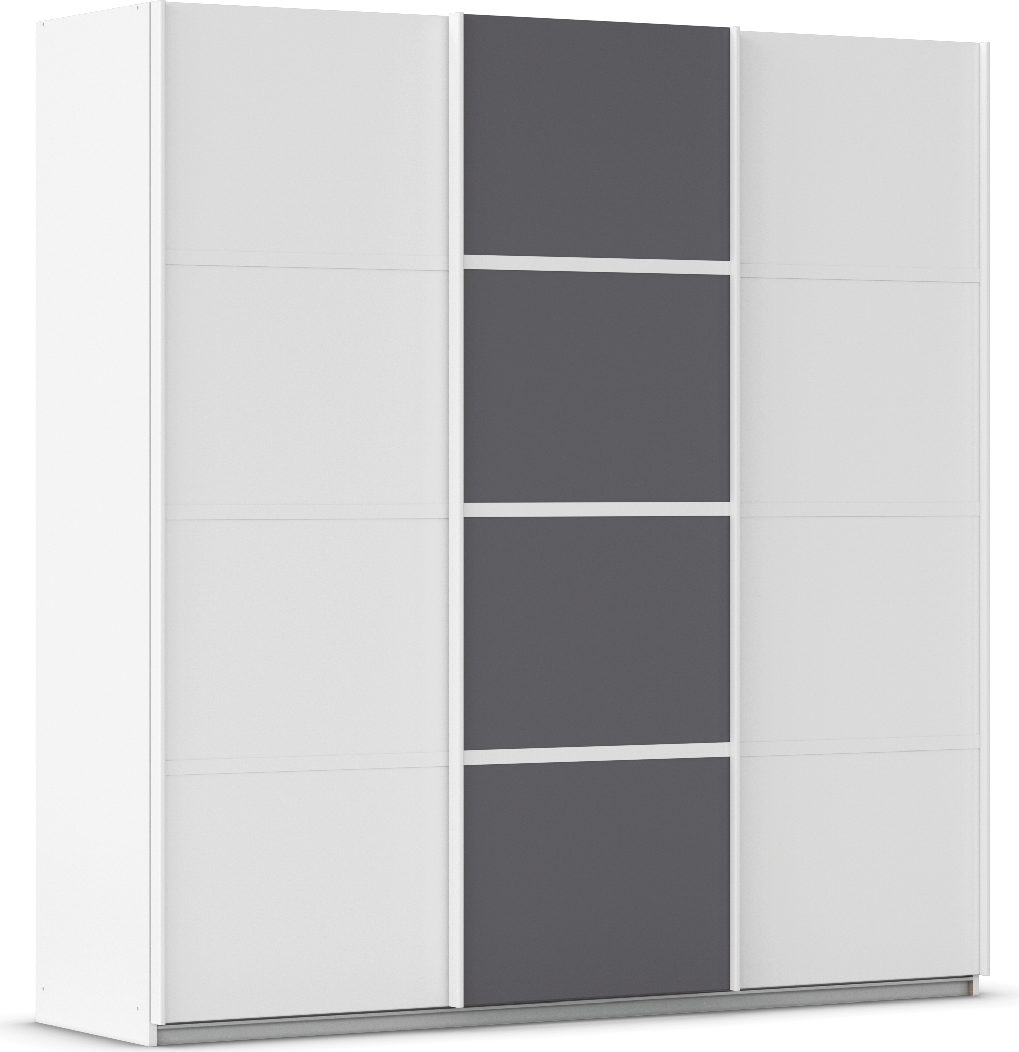 Kleiderschrank RAUCH "Schwebetürenschrank OTTO´s Choice Garderobe Schrank TOP ANGEBOT Avola", weiß (alpinweiß, graumetallic, leisten weiß), B:203cm H:210cm T:62cm, Holzwerkstoff, Schränke, mit eleganten Zierleisten in Chrom, Schwarz oder Weiß MADE... Image
