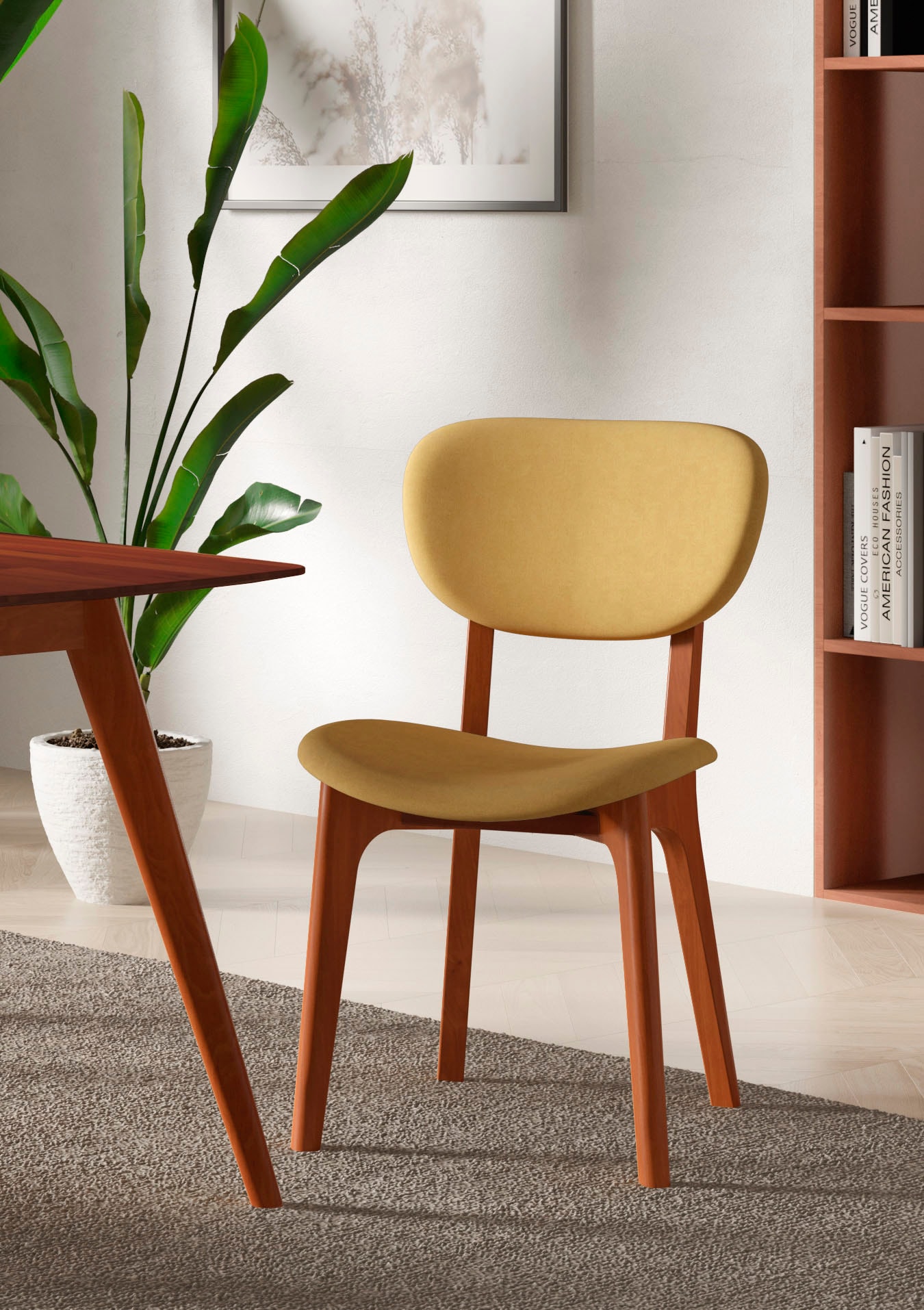 Stuhl INOSIGN "COZY Made in Italy", gelb (gelb, kirsch), B:50cm H:88cm T:62cm, Polyester, Stühle, Polsterstuhl Esszimmerstuhl 4-Fuß-Stuhl, Gestell in Buche, Kirsch- oder Nussbaum, Massivholz, Design Stuhl Image