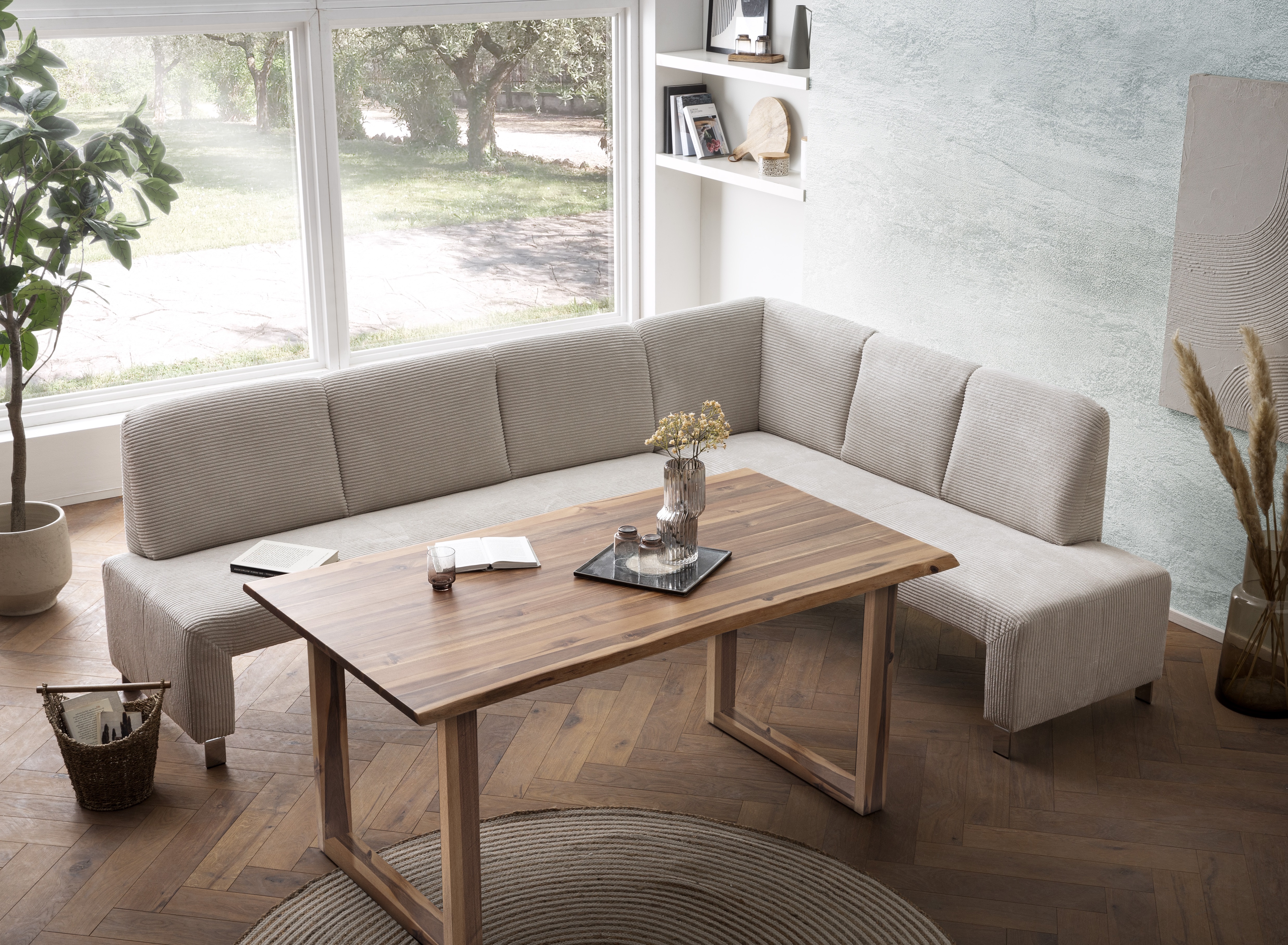 Eckbank EXXPO - SOFA FASHION "Intenso, modern, wahlweise in Leder oder Textil, 264/197 cm (B/T)", beige, B:264cm H:91cm T:197cm, NaturLeder;Strukturstoff (Zusammensetzung: Polyester 100%);Luxus-Microfaser (Zusammensetzung: Aufgeflockte 100%...