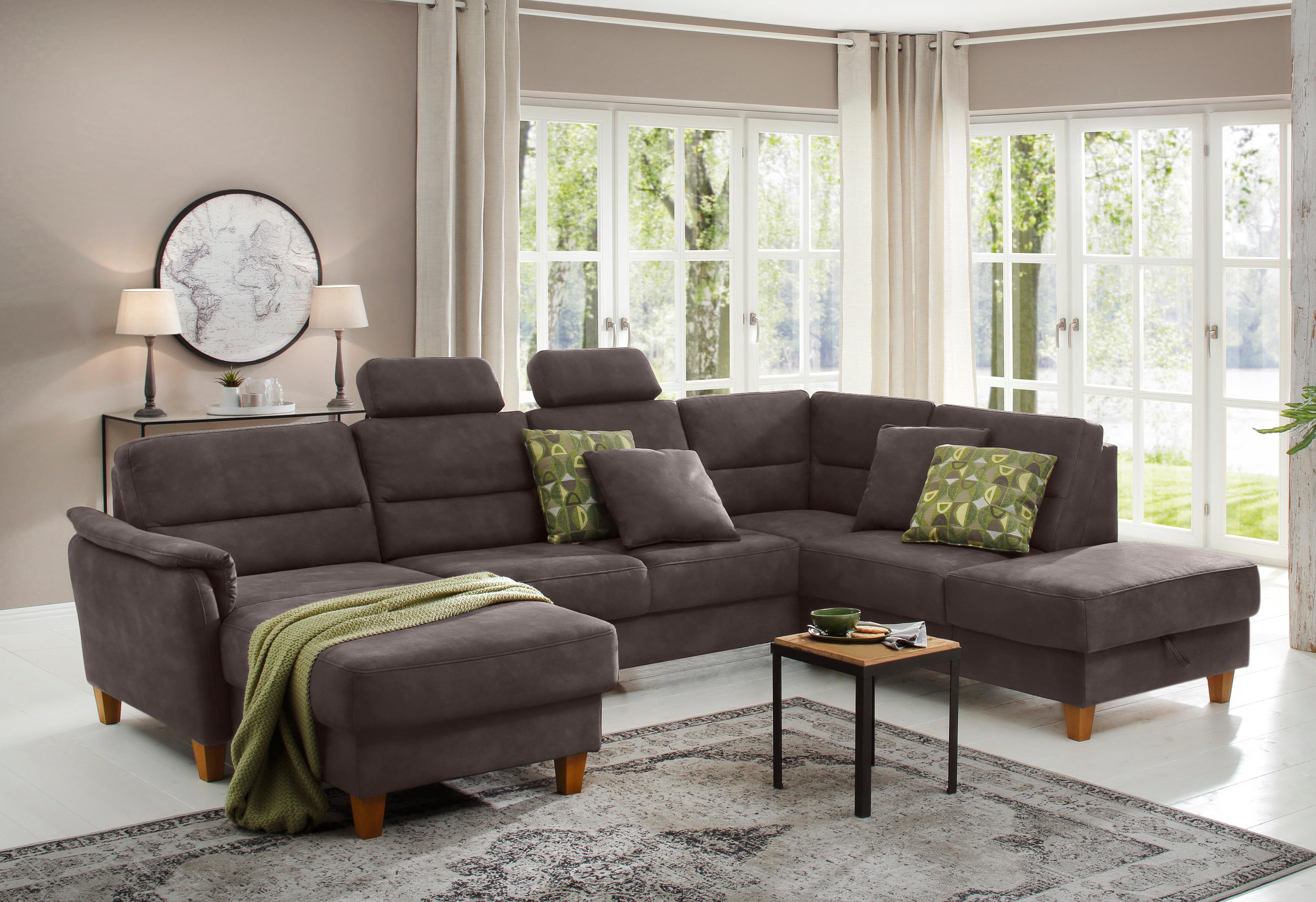 Wohnlandschaft HOME AFFAIRE "Palmera U-Form, B: 308 cm", braun (mokka), B:308cm H:89cm T:212cm, 100% Polyester;Struktur (100% Polyester);Luxus-Microfaser in Lederoptik (100% Polyester), Sofas, Wohnlandschaft, optional Bettfunktion & Bettkasten,...