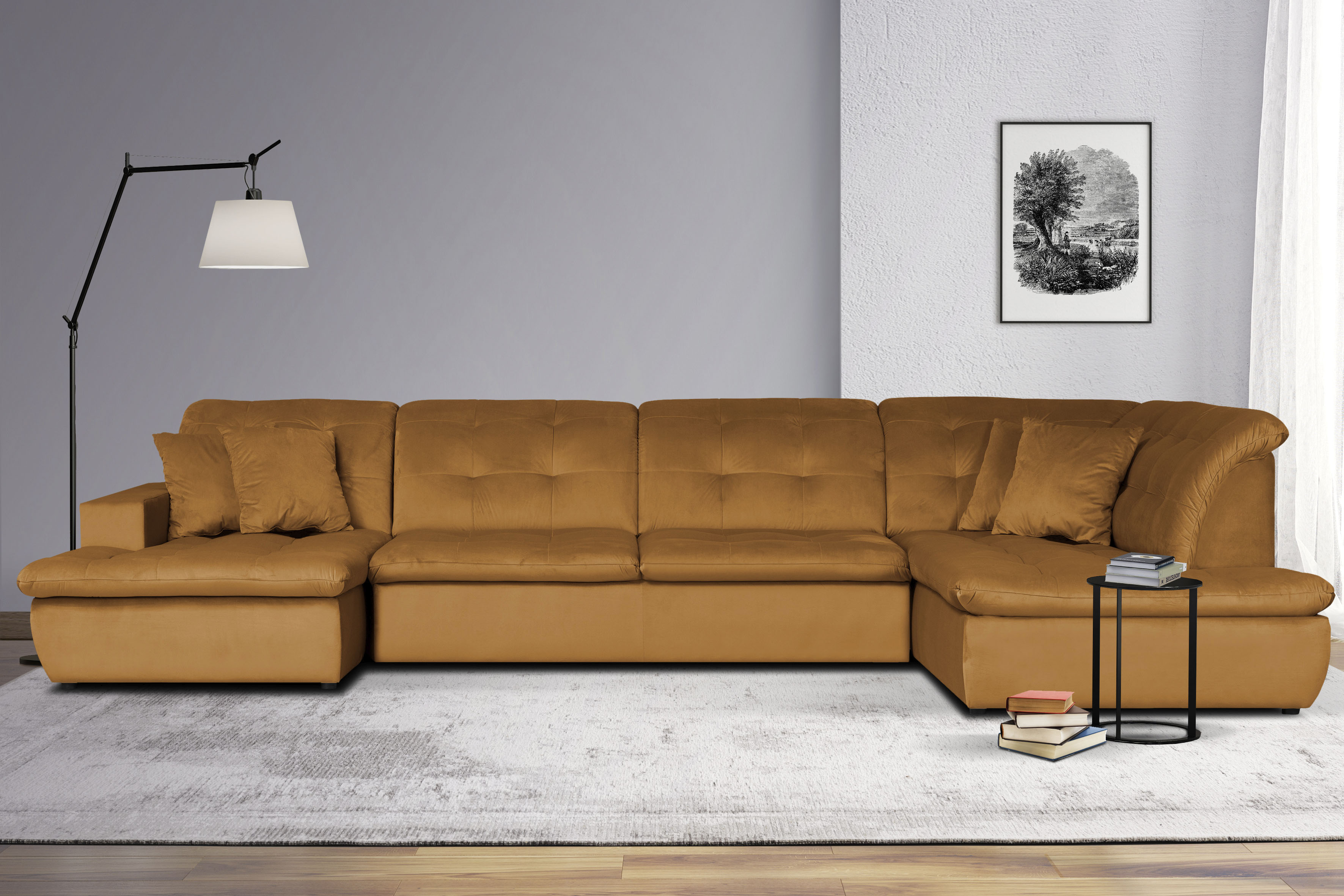 Wohnlandschaft HOME AFFAIRE "BRISBANE NEU U-Form", gold, B:380cm H:83cm T:202cm, 100% Polyester, Sofas, Wohnlandschaft, mit feiner Steppung, Matten-Optik, incl. Zierkissen