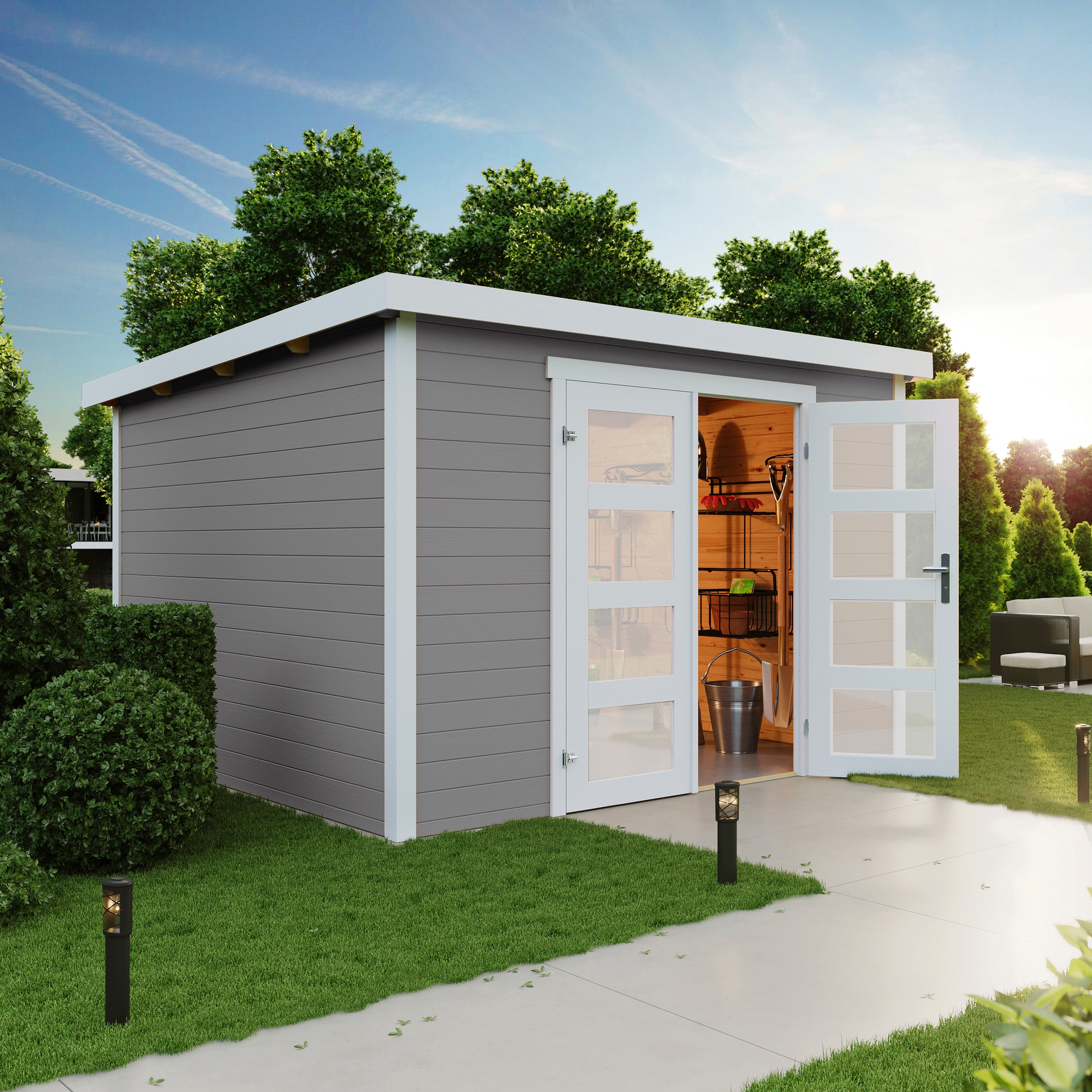 Gartenhaus LASITA MAJA "Zambezi 7", grau (lichtgrau), ohne Fußboden, ohne Dacheindeckung, Holzwerkstoff, Gartenhäuser, Gartenhaus