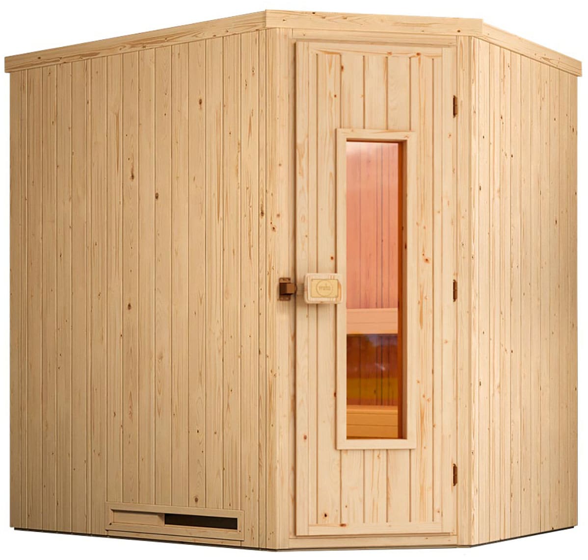 Sauna WEKA "Element-Ecksauna VARBERG 1", beige (natur), Saunaofen, externe Steuerung, 4,5 kW, Saunen, vorgefertigte Elemente, isolierte Holztür