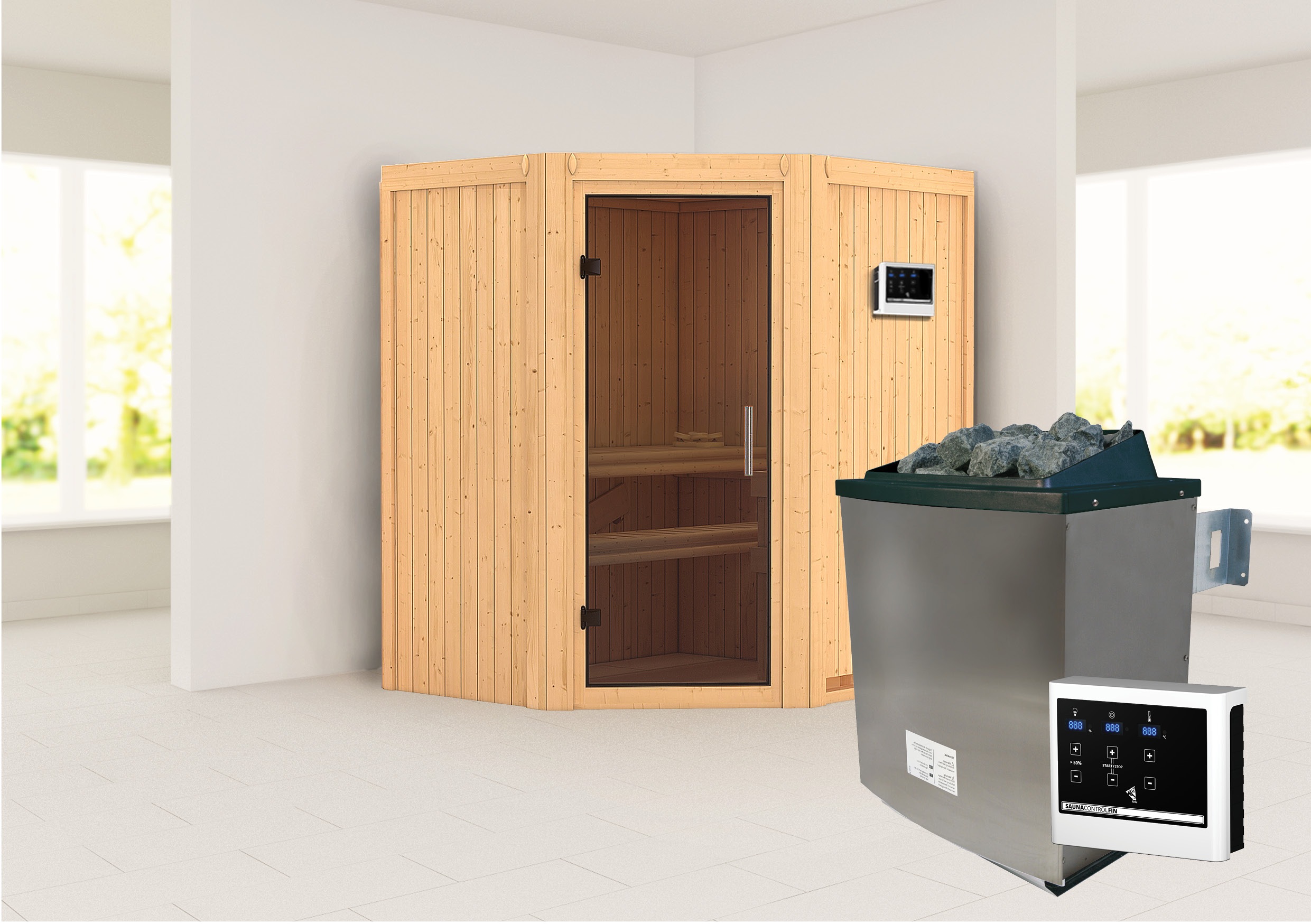 Sauna KARIBU "»Liyah« naturbelassen, mit graphitfarbener Tür", beige (naturbelassen), Saunaofen, externe Steuerung, (ohne Ofen), Saunen, in verschiedenen Ausführungen erhältlich Image