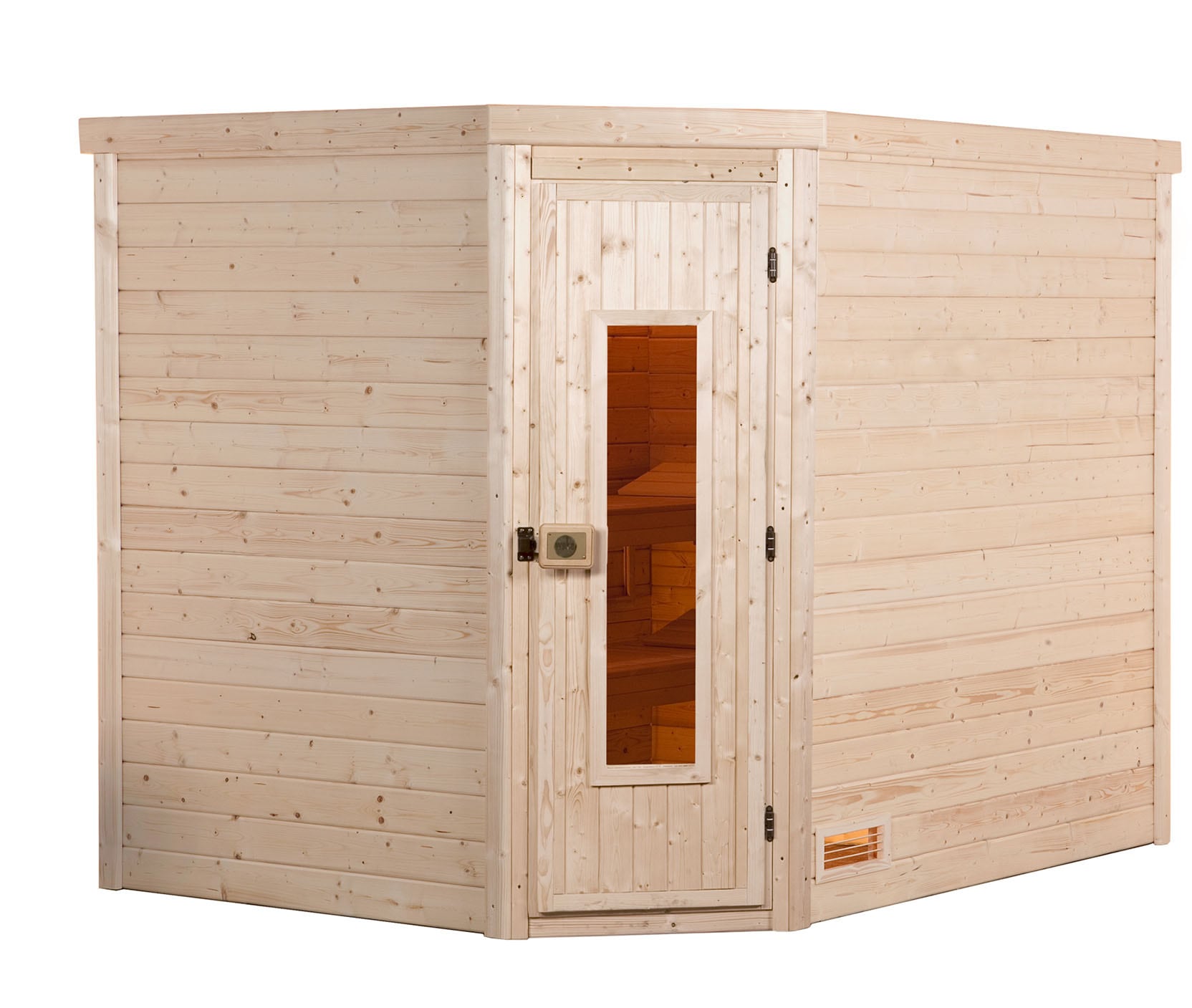 Sauna WEKA "Massivholzsauna TURKU 3", beige (natur), Saunaofen, externe Steuerung, 9 kW, Saunen, Blockbohlen, isolierte Holztür
