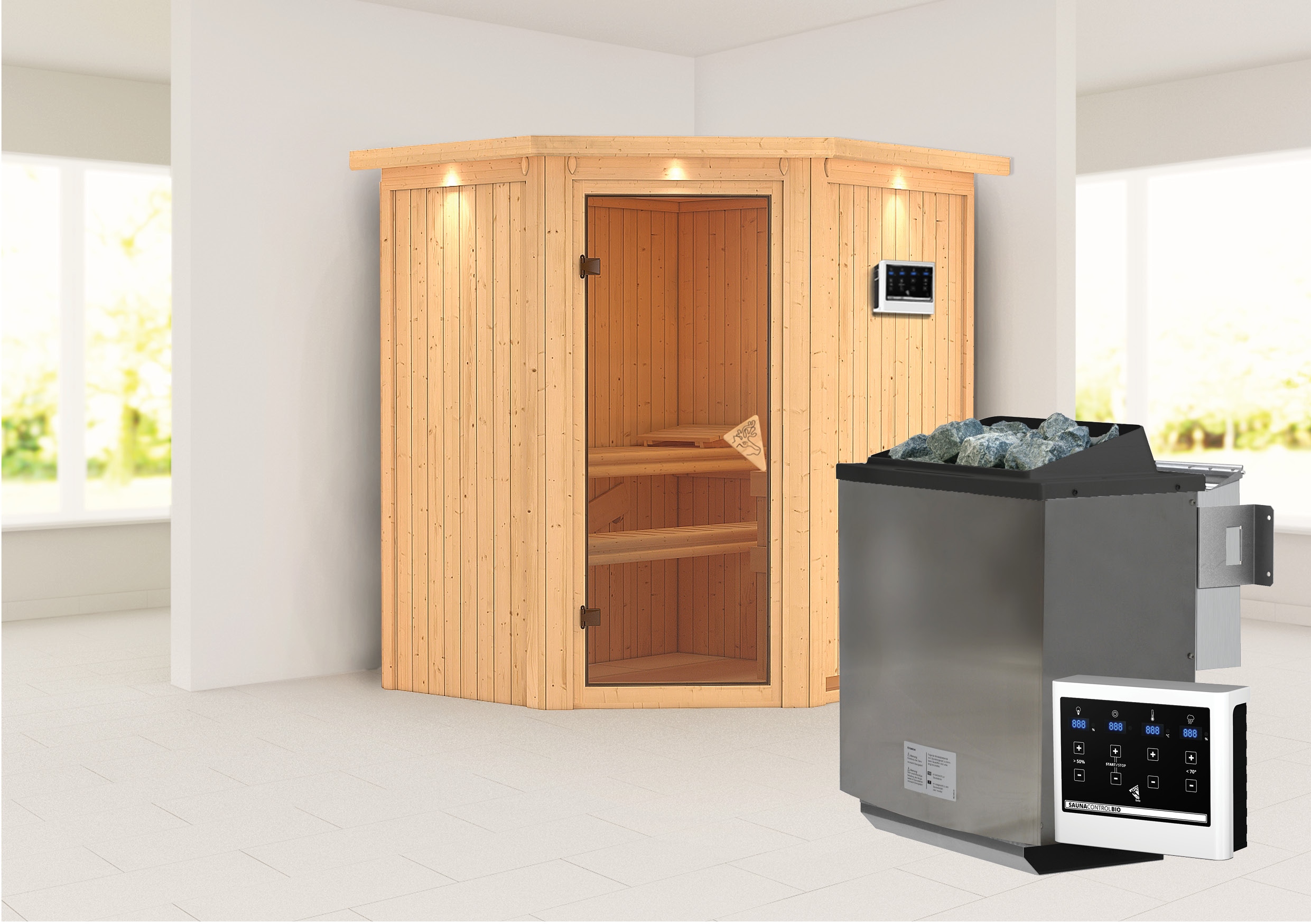 Sauna KARIBU "»Liyah« mit bronzierter Tür und Kranz naturbelassen", beige (naturbelassen), Bio-Kombiofen, externe Steuerung, (ohne Ofen), Saunen, in verschiedenen Ausführungen erhältlich
