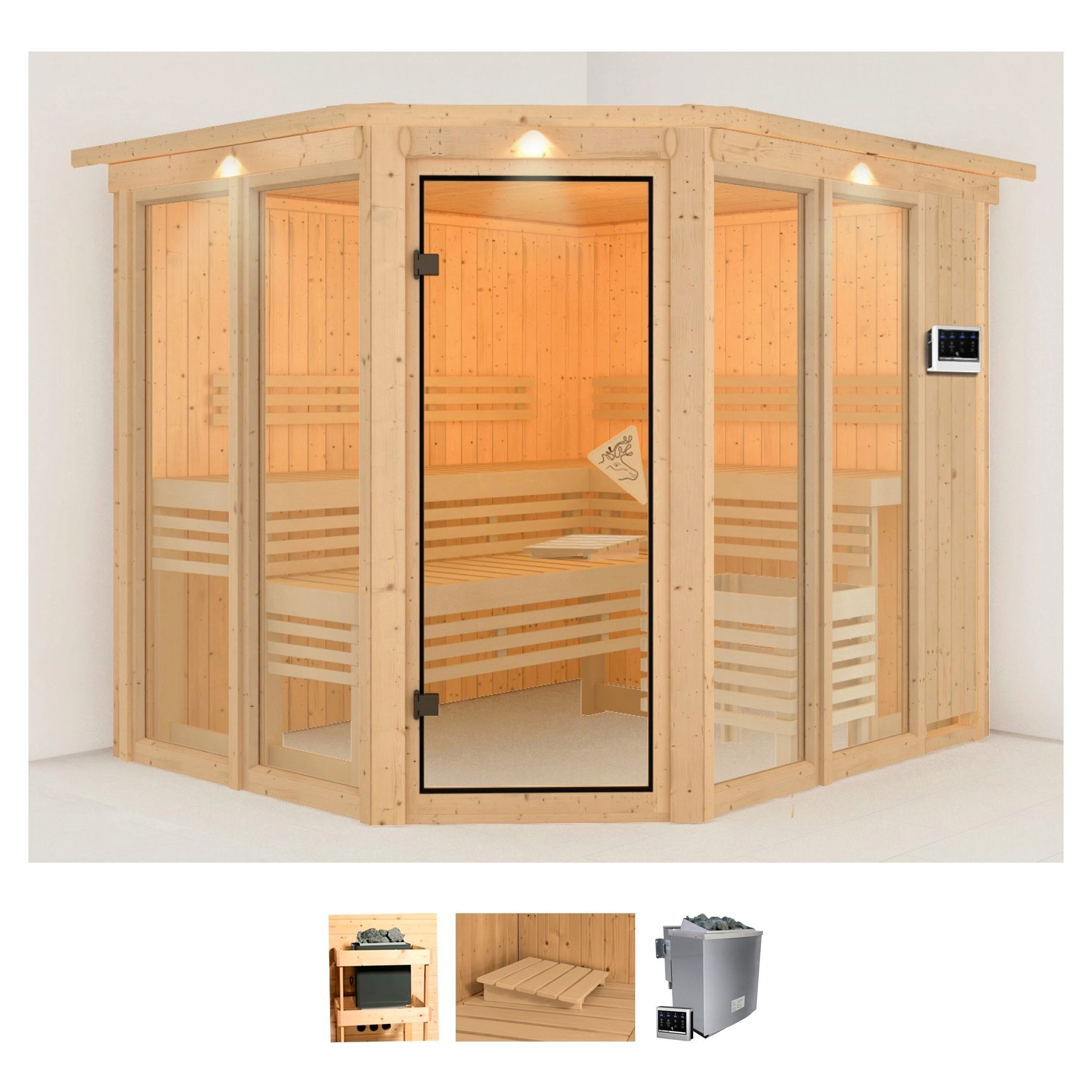 Sauna KARIBU "Anike 3", beige (naturbelassen), Bio-Kombiofen, externe Steuerung, 9 kW, Saunen, Ofen 9 kW Bio externe Strg easy
