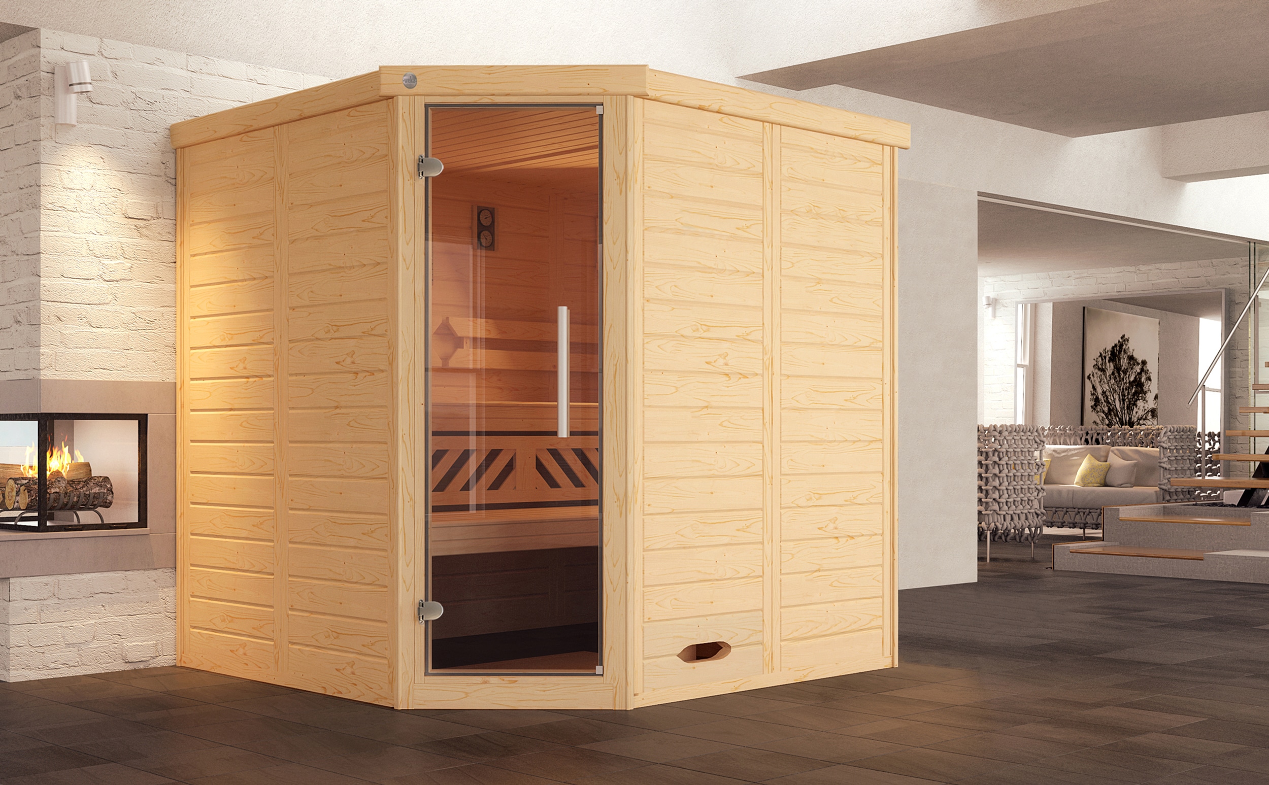 Sauna WEKA "Design-Sauna KEMI Eck 1", beige (natur), ohne Ofen, ohne Steuerung, (ohne Ofen), Saunen, naturbelassenes Fichtenholz, moderne Glastür