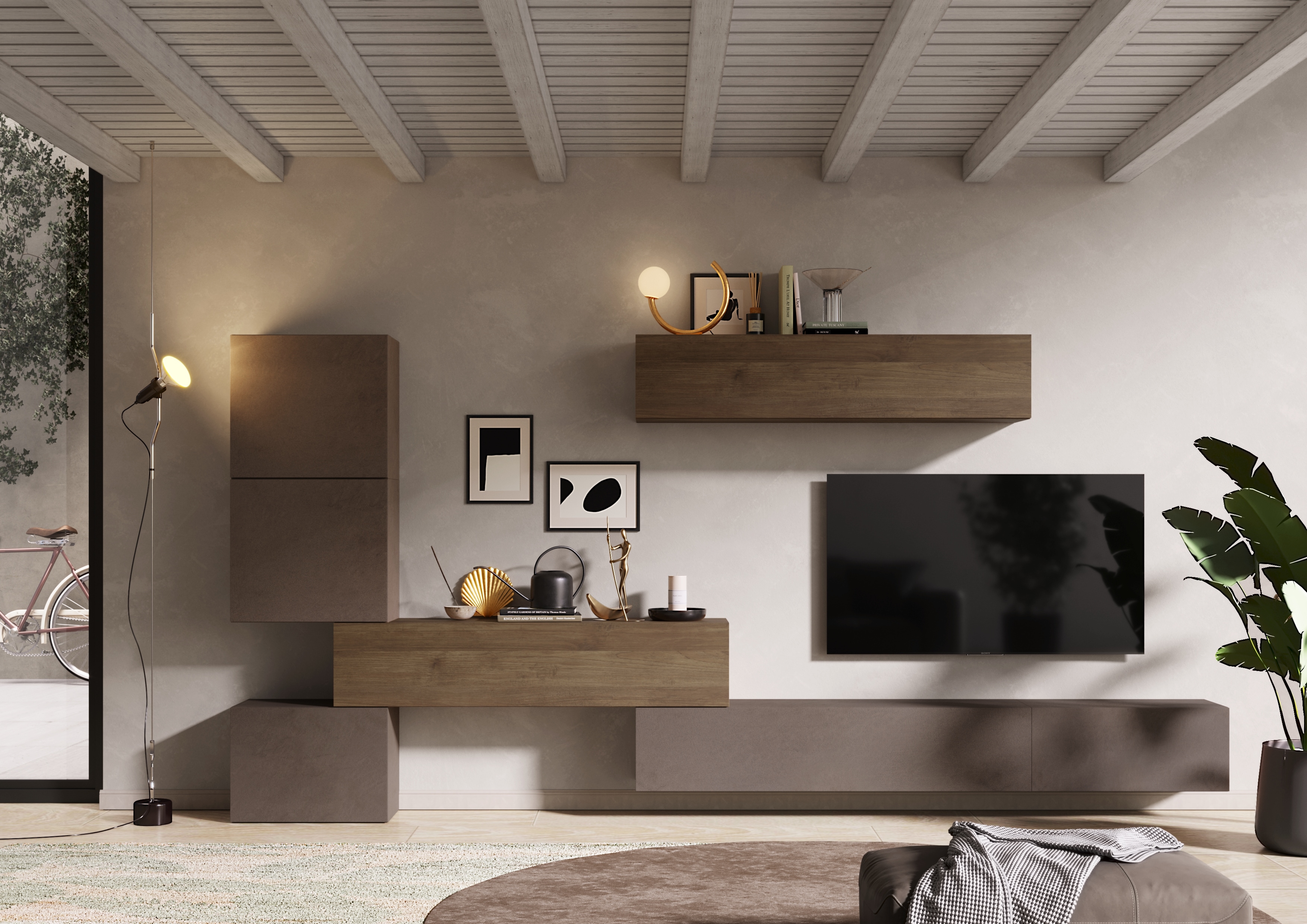 Wohnwand INOSIGN "Infinity, 7tlg. Breite 340 cm, Höhe variabel, Schrankwand, Anbauwand", braun (bronzo, mercure nb holzstruktur), B:340cm H:169cm T:30cm, Kastenmöbel-Sets, Wohnwand, (Lowboard hängend 2tlg., 2x Hängeschr., 2x Hängewürfel, Würfel-Elem.)