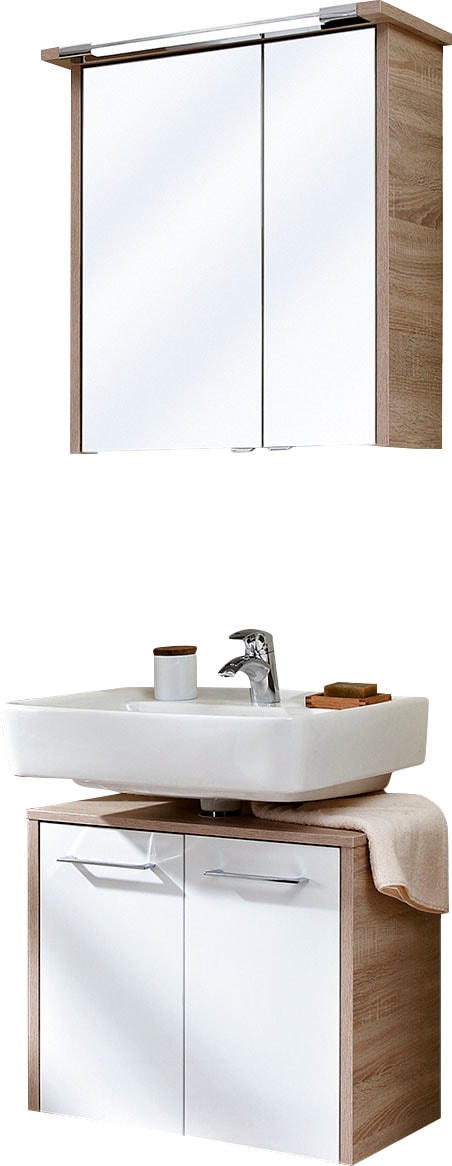 Badmöbel-Set SAPHIR "Quickset 382 2-teilig, Waschbeckenunterschrank mit LED-Spiegelschrank", weiß (weiß hochglanz, eiche natur quer nachbildung), Kastenmöbel-Sets, Badmöbel-Set, 65 cm breit, inkl. Türdämpfer, 4 Türen, 2 Einlegeböden, Bad-Set Image