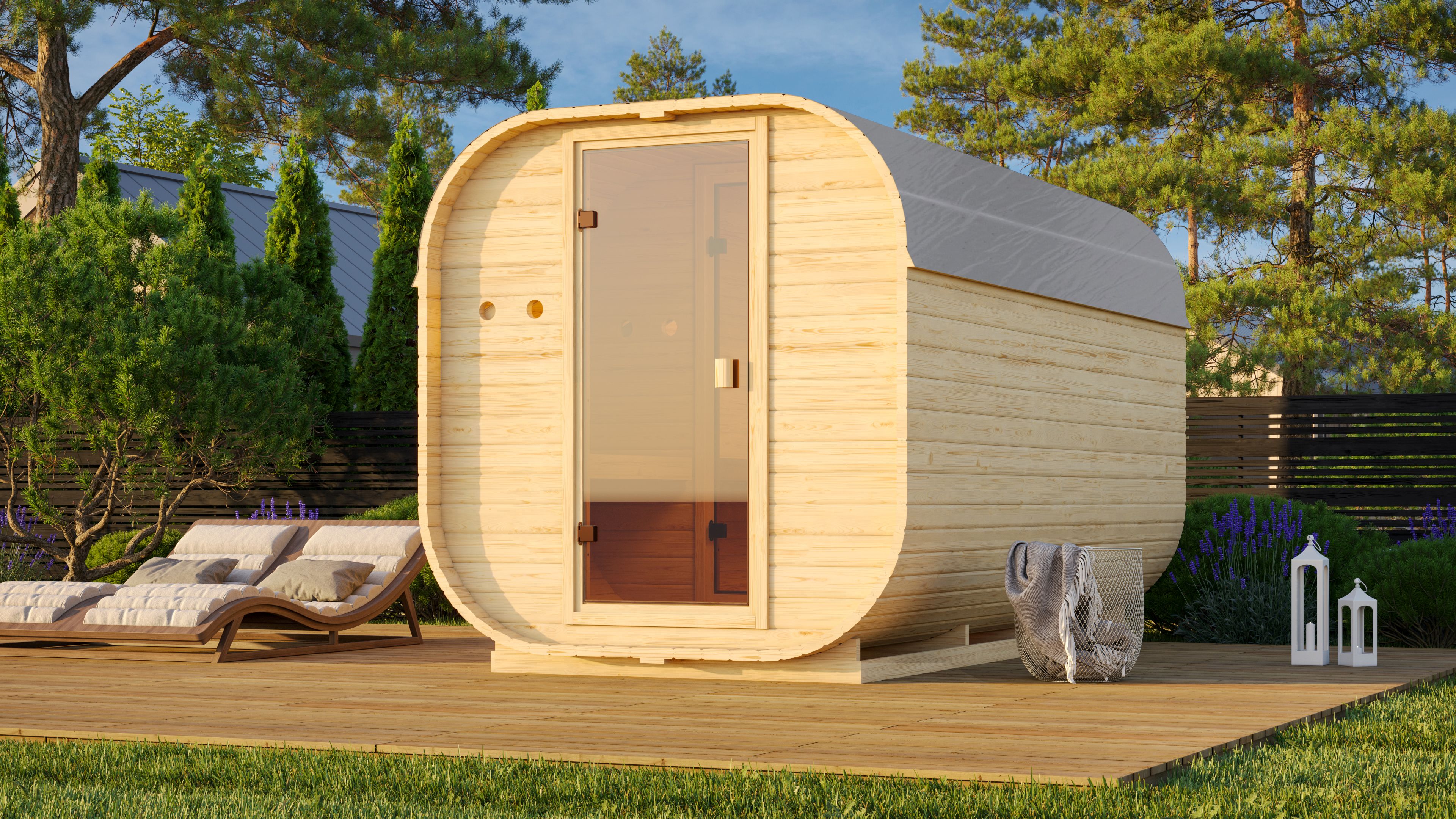 Fasssauna KARIBU "Franzi 3", beige (naturbelassen), Saunaofen, externe Steuerung, 9 kW, Saunen Image