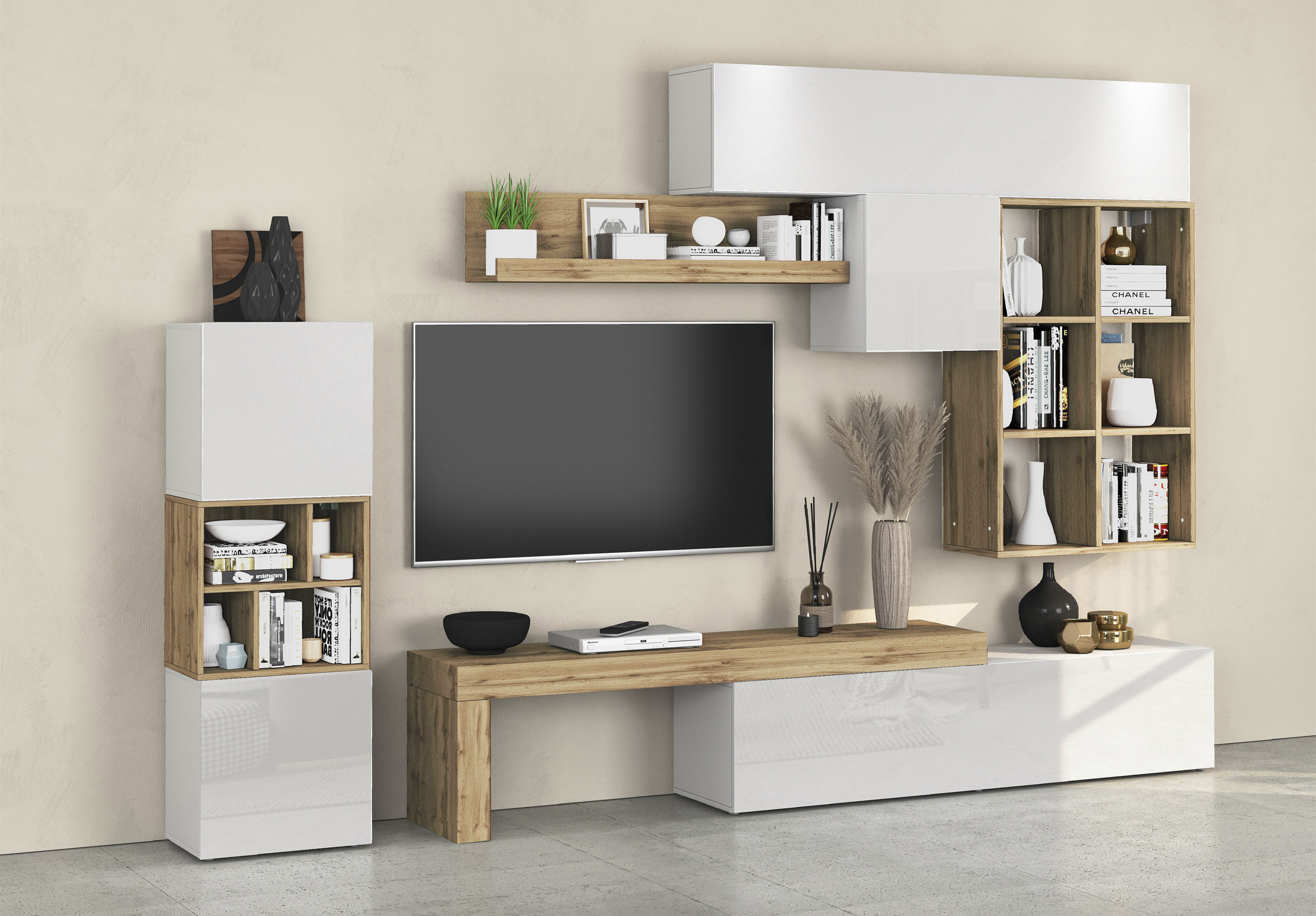 Wohnwand INOSIGN "Chronos Wohnwand, Medienwand, 8-er set", weiß (weiß hochglanz, eiche wotan), Holzwerkstoff, Kastenmöbel-Sets, ca. 320 cm mit Hängeschränke, Würfel, Regal, Lowboard, Made in Italy