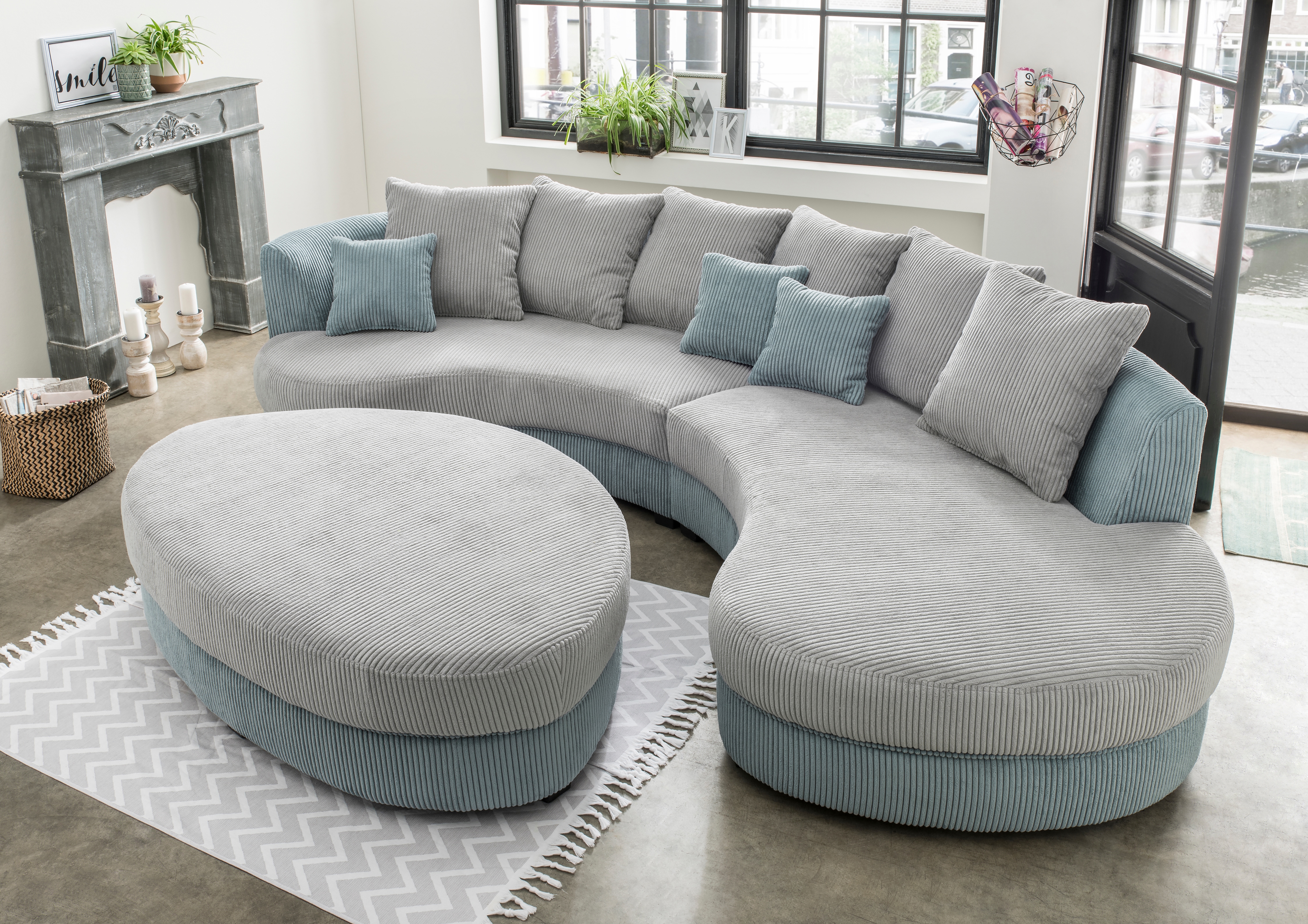 Ecksofa INOSIGN "Limoncello organische Formensprache, OTTOs Choice, L-Form", blau (aqua, silber), B:287cm H:76cm T:160cm, 100% Polyester, Sofas, ergonomische Form