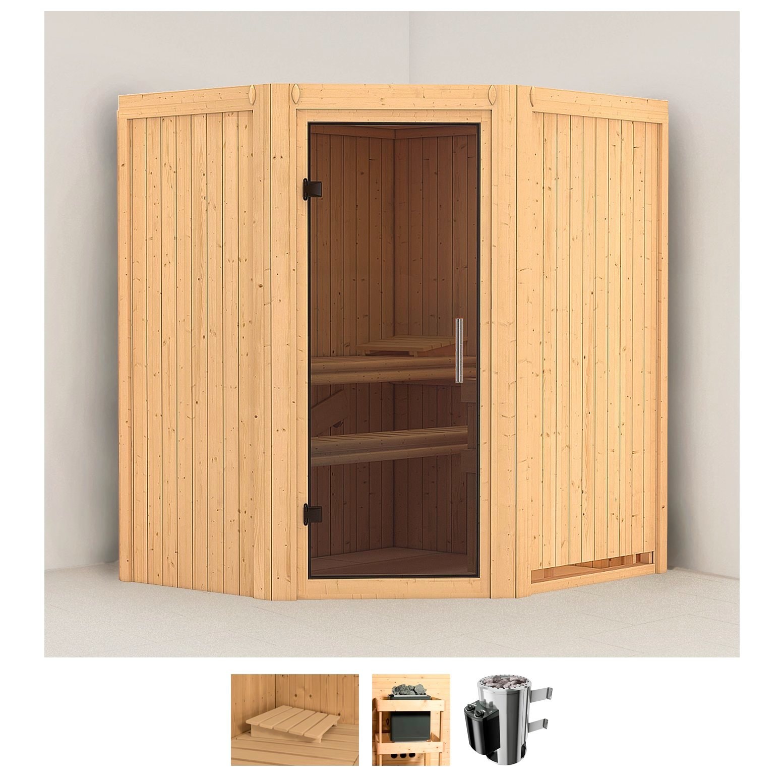 Sauna KARIBU "Tomke", beige (naturbelassen), Saunaofen, integrierte Steuerung, 3,6 kW, Saunen, Ofen 3,6 kW intgr. Strg