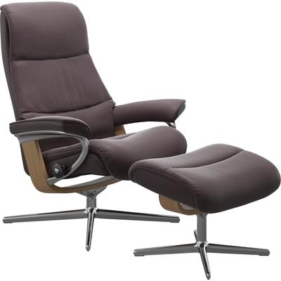 Relaxsessel STRESSLESS "View", rot (bordeaux paloma), B:91cm H:110cm T:85cm, Sessel, mit Hocker, mit Cross Base, Größe S, M & L, Holzakzent Eiche Image