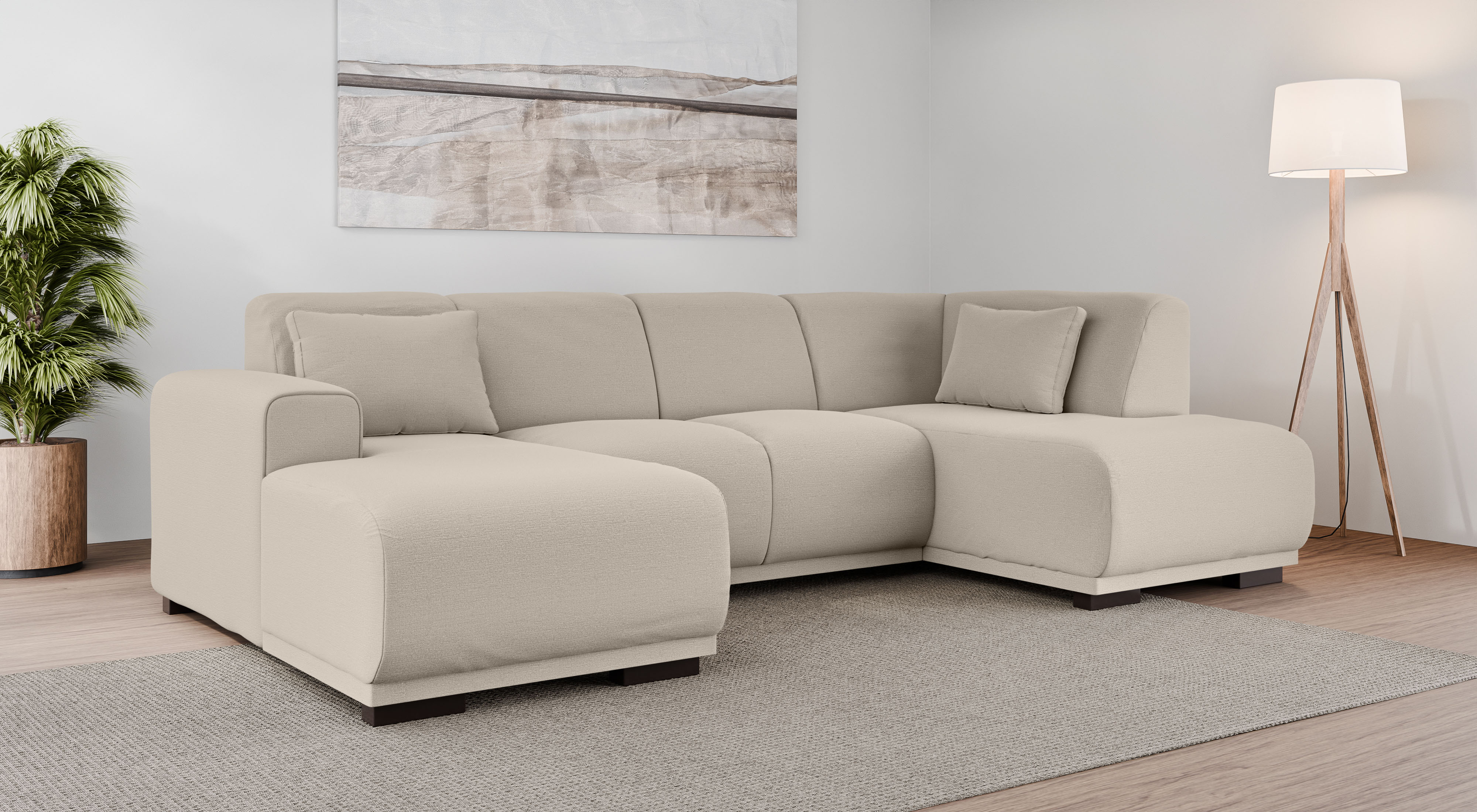 Wohnlandschaft HOME AFFAIRE "BORNHOLM U-Form mit Recamiere rechts/links, B/T/H: 300/162/85 cm", beige, B:300cm H:85cm T:162cm, 100% Polyester, Sofas, Wohnlandschaft, U-Form mit Wellenunterfederung, Recamiere rechts oder links bestellbar