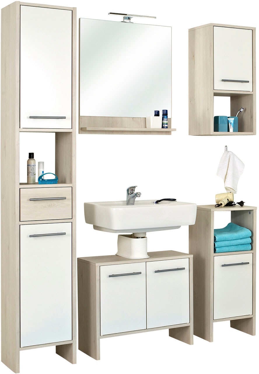 Badmöbel-Set SAPHIR "Quickset 350 5-teilig, mit Waschbeckenunterschrank und LED-Spiegel", beige (pinie ida hell, weiß glanz), B:128cm H:200cm T:28cm, Holzwerkstoff, Kastenmöbel-Sets, Pinie Ida hell Nachbildung, mit 6 Türen, 1 Schublade, 3 Nischen