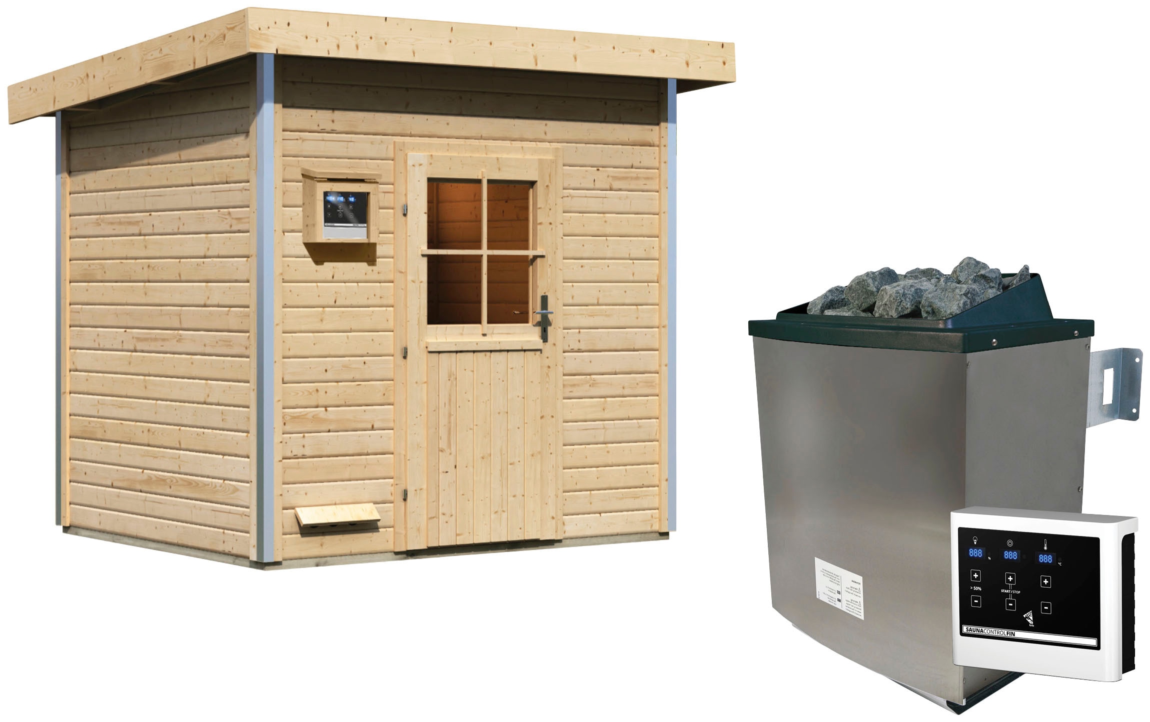 Saunahaus KARIBU "Ralf", beige (naturbelassen), Saunaofen, externe Steuerung, 9 kW, Saunen, Ofen 9 KW externe Strg easy