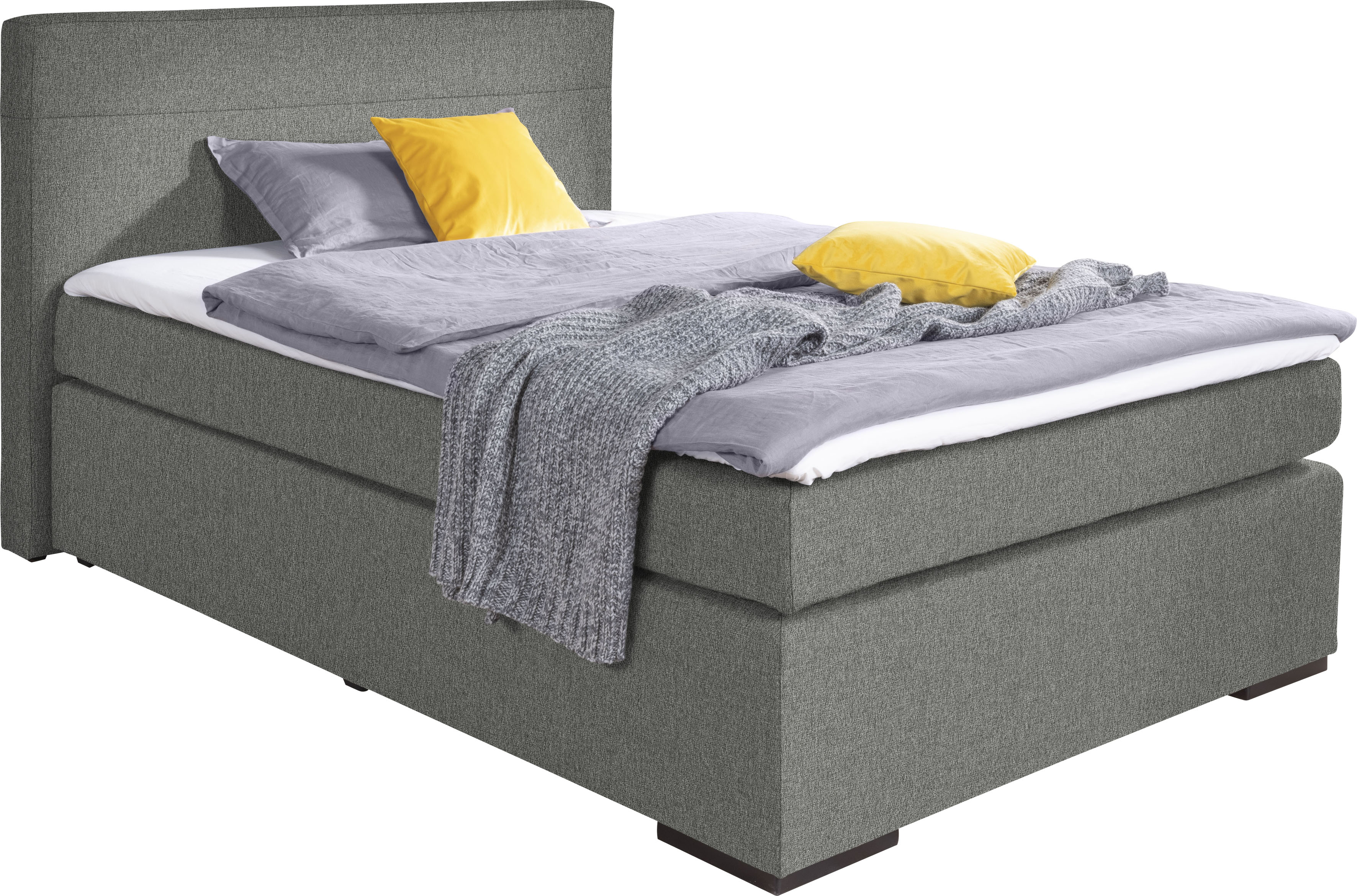 Boxspringbett ALINA "Nikki", grau (grau tra 19), B:153cm L:214cm, Feinstruktur TRA (100% Polyester), Komplettbetten, Boxspringbett, inklusive Matratze und Topper, Füße schwarz Image