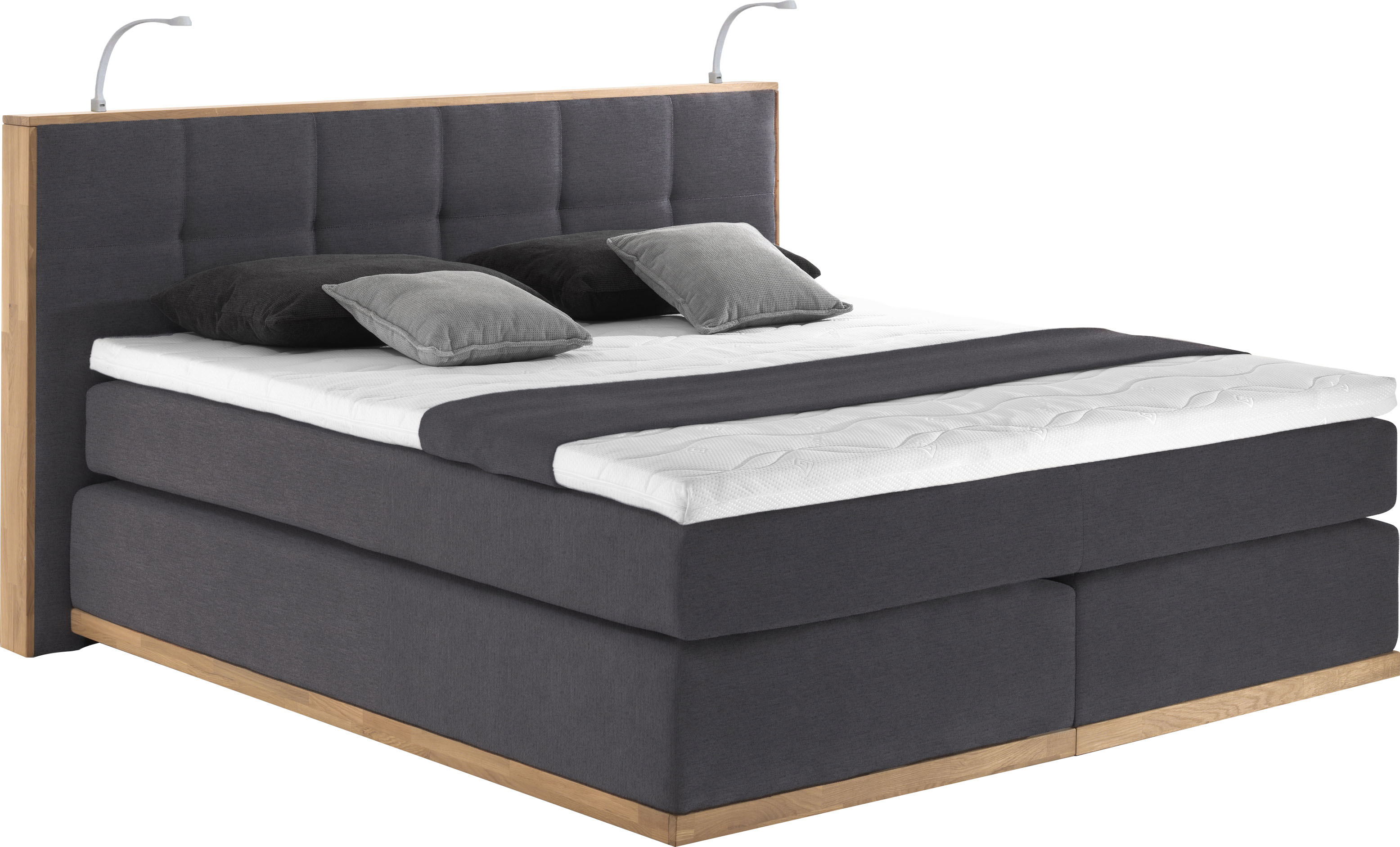 Boxspringbett HOME AFFAIRE "Vinton", grau (anthrazit), B:220cm L:213cm, Komplettbetten, Boxspringbett, aus Eiche, mit LED-Beleuchtung, verschiedene Härtegrade (auch H4) Image