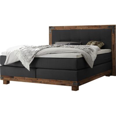 Boxspringbett HASENA "Chicago", braun (anthrazit, akazie braun), B:178cm L:206cm, Komplettbetten, Boxspringbett, im Vintagelook mit Punktsteppung im Kopfteil, Massivholz-Umrandung Image