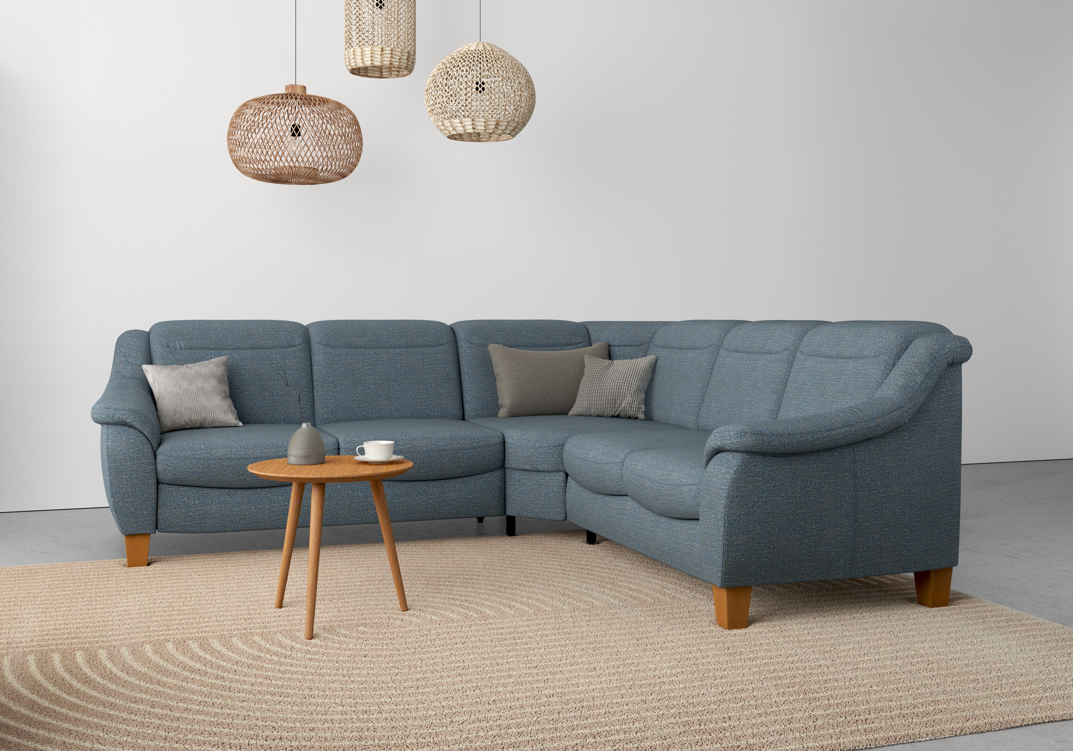 Ecksofa HOME AFFAIRE "Caldera L-Form", blau (blaugrau), B:270cm H:91cm T:250cm, 100% Polyester, Sofas, Federkern, wahlweise mit Kopfteilverstellung, Bettfunktion, Bettkasten Image