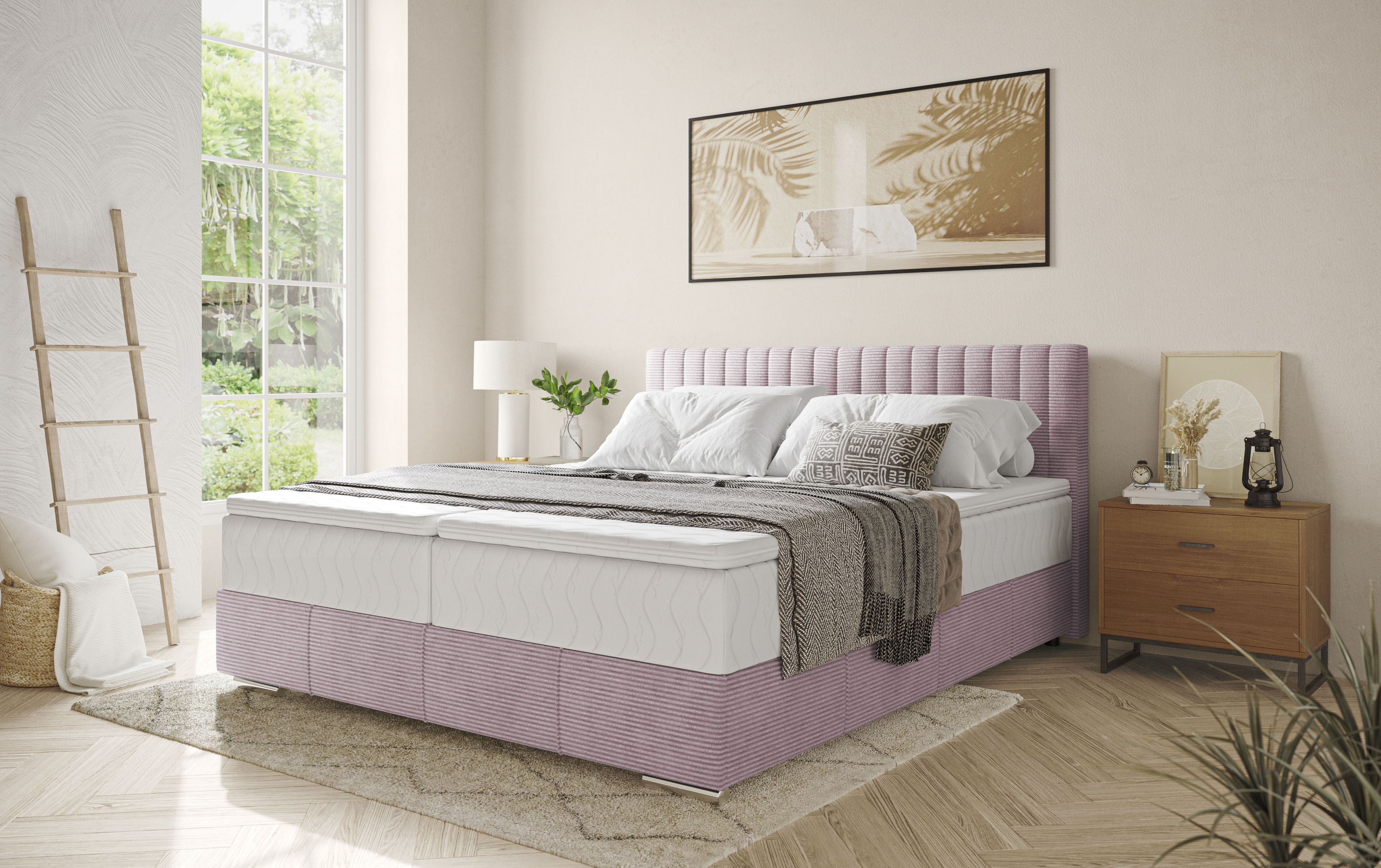 Boxbett INOSIGN "Thor mit Bettkasten, inkl. Matratze, Topseller", rosa (stripes 8626 flamingo), B:186cm L:208cm, Komplettbetten, Boxspringbett, Topper und Zierkissen, in verschiedenen Härtegraden verfügbar Image