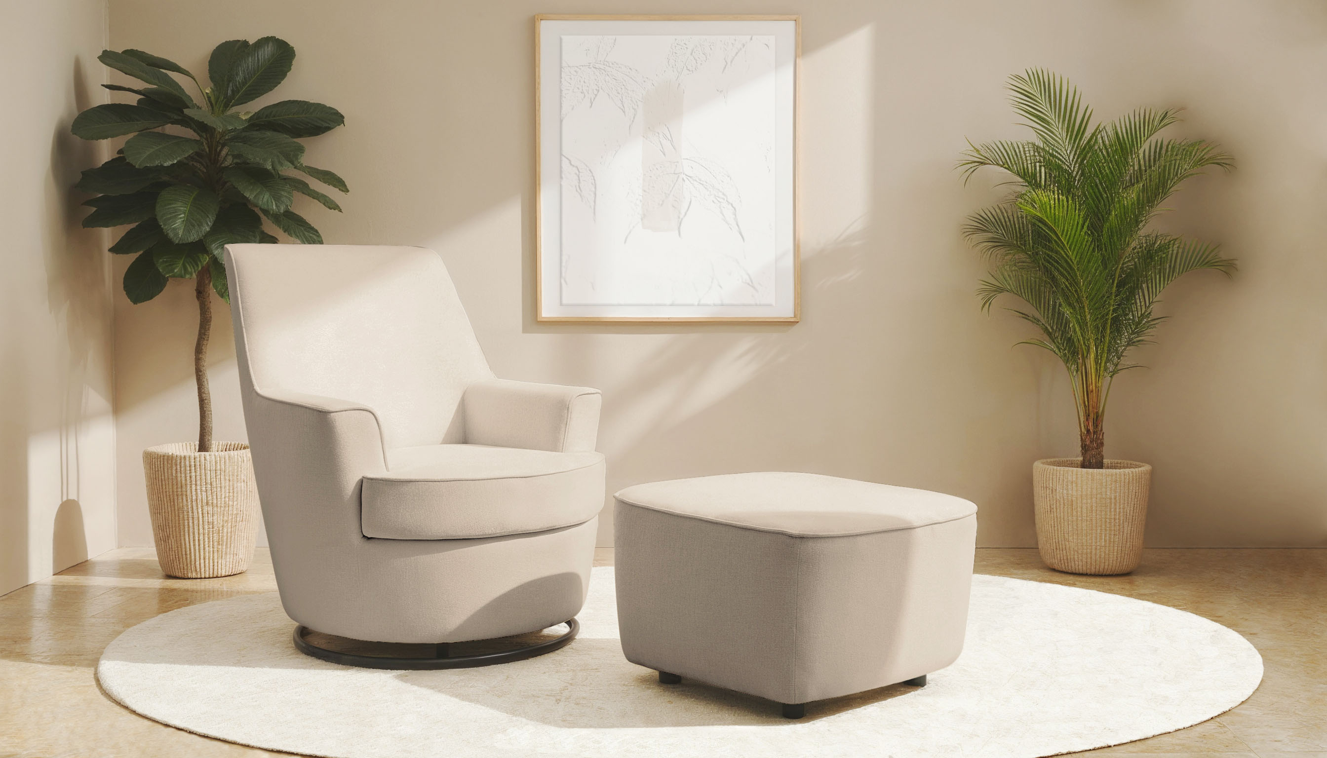 Drehsessel INOSIGN "HETTY, Drehsessel mit Wippfunktion und Hocker; Lesesessel, Armsessel", beige, B:78cm H:93cm T:88cm, 100% Polyester, Sessel, mit Dreh/Wippfunktion, mit Federkern, in Cord und Microfaser