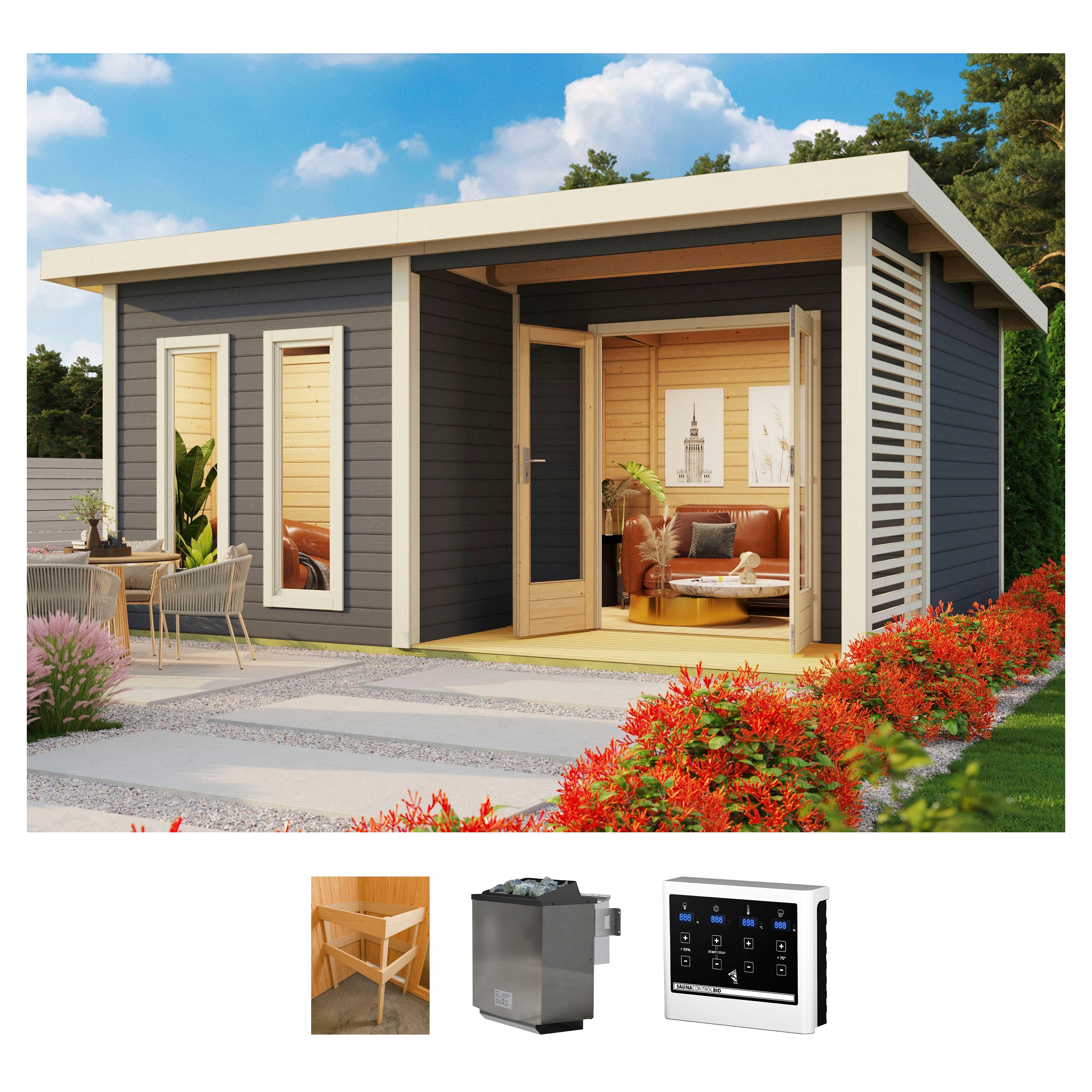 Saunahaus KONIFERA "Maiko 5 SET A", grau (terragrau), Bio-Ofen, externe Steuerung, 9 kW, Saunen, Ofen 9 kW Bio externe Strg easy