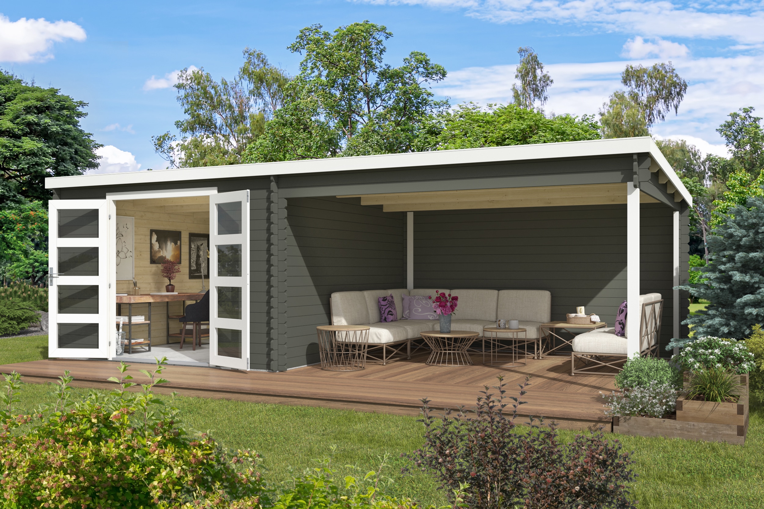 Gartenhaus NORDIC HOLZ "New Orleans", grün (grüngrau), ohne Fußboden, Rückwand, Massivholzdach, Holz, Gartenhäuser, Gartenhaus