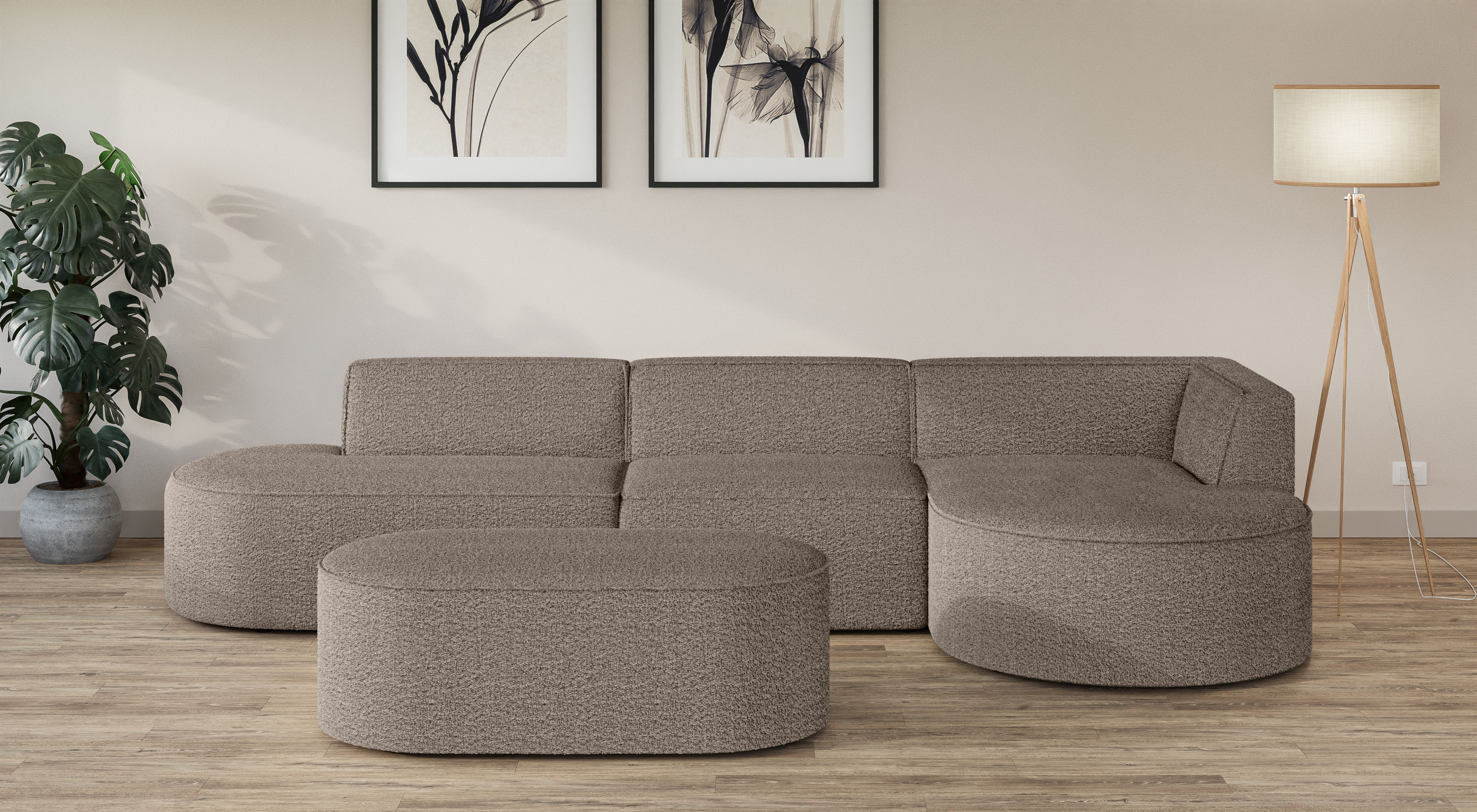 Ecksofa ANDAS "EIVIND Designer Sofa mit Ottomane rechts/links, B/T/H: 343/159/72 cm", grau (taupe), B:343cm H:72cm T:159cm, 100% Polyester, Sofas, L-Form mit Wellenunterfederung, auch in Feincord und Bouclé