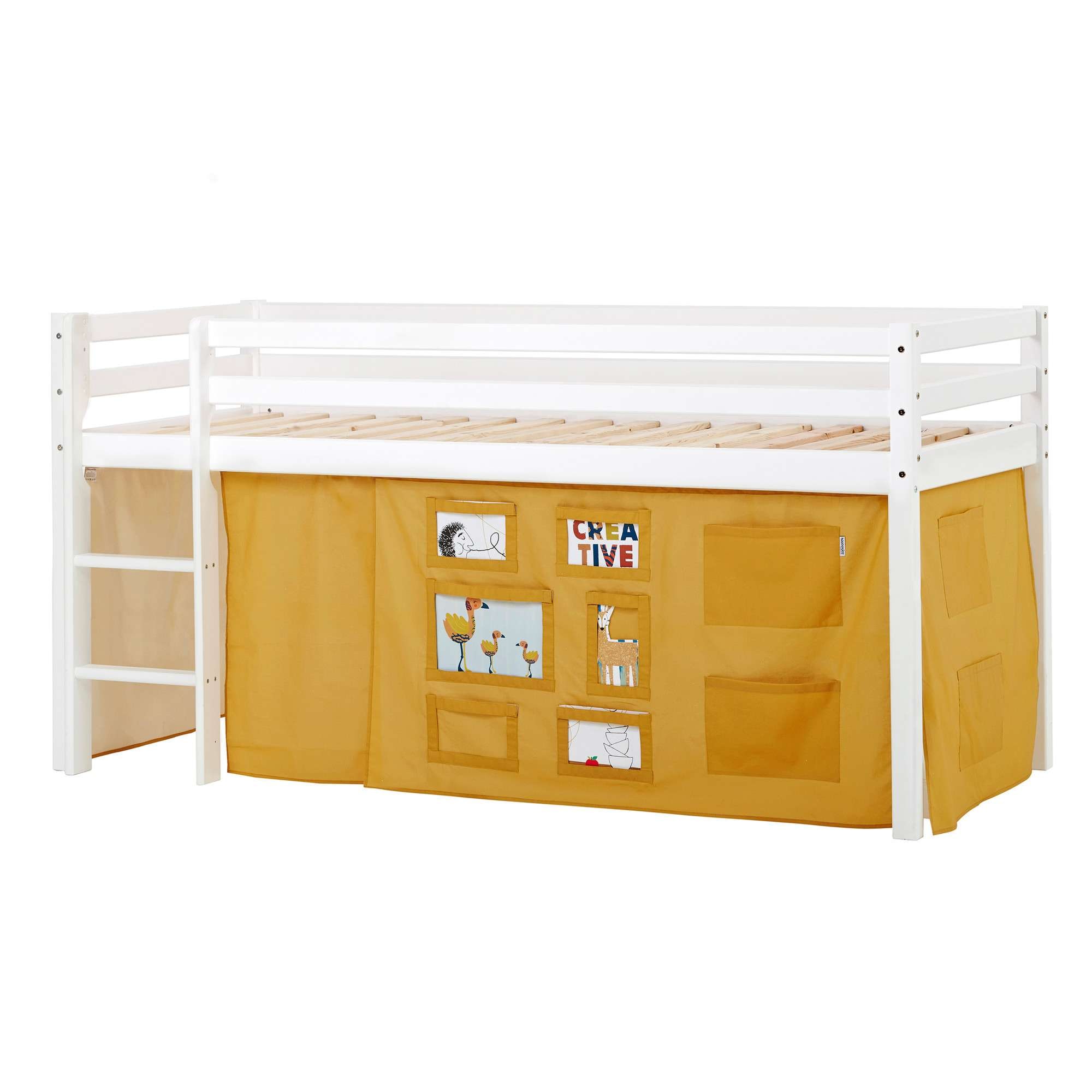 Hochbett HOPPEKIDS "ECO Dream, Kinderbett, Spielbett, Halbhohes Bett aus Massivholz", gelb (weiß, creator gelb), B:101cm H:105cm L:208cm, Kinderbett: 100% Massivholz: Nordische Kiefer, Vorhang: 100% Baumwolle, Hochbetten, Hochbett Kinderbett, inkl....