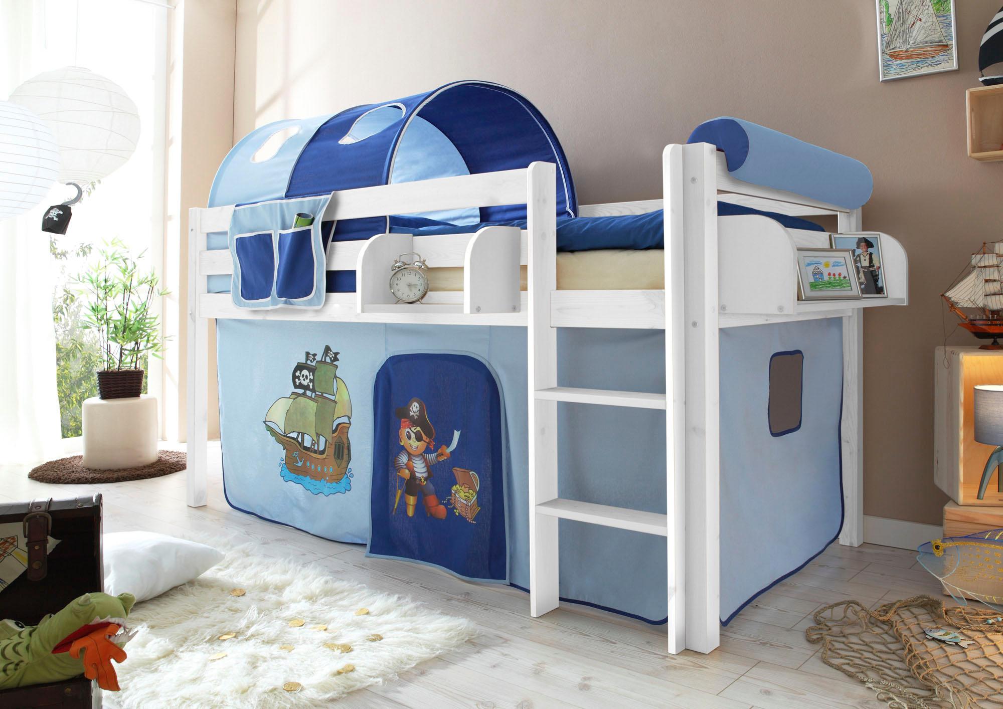 Hochbett TICAA "Malte", blau (kiefer massiv weiß, pirat, hellblau, dunkelblau), B:101cm H:114cm L:205cm, Hochbetten, Hochbett, mit Rollrost und in verschiedenen Ausführungen wahlweise mit Matratze