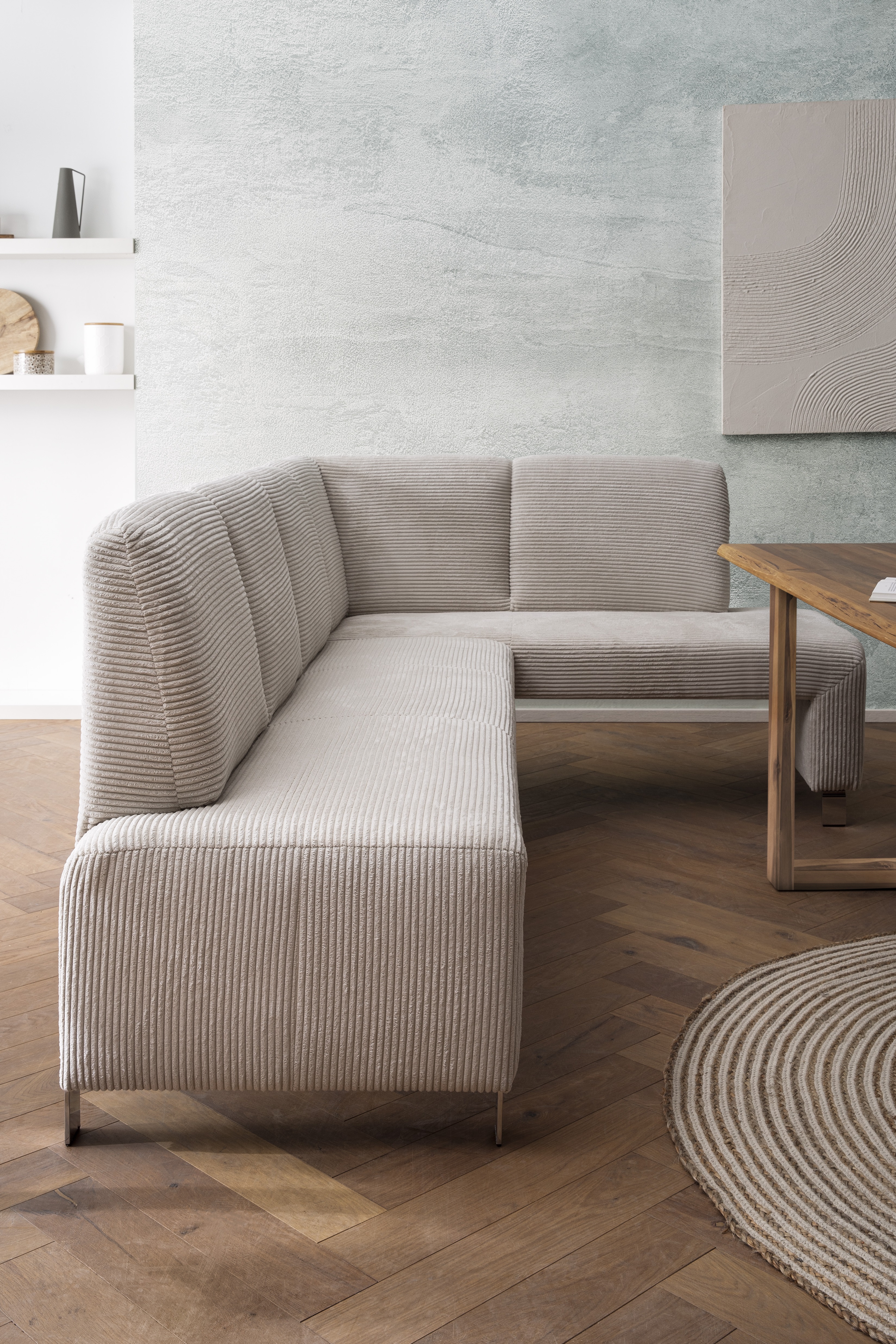 Eckbank EXXPO - SOFA FASHION "Intenso, viele Bezugsstoffe Cord, Leder, Struktur 244/157 cm (B/T)", beige, B:244cm H:91cm T:157cm, NaturLeder;Strukturstoff (Zusammensetzung: Polyester 100%);Luxus-Microfaser (Zusammensetzung: Aufgeflockte 100%...