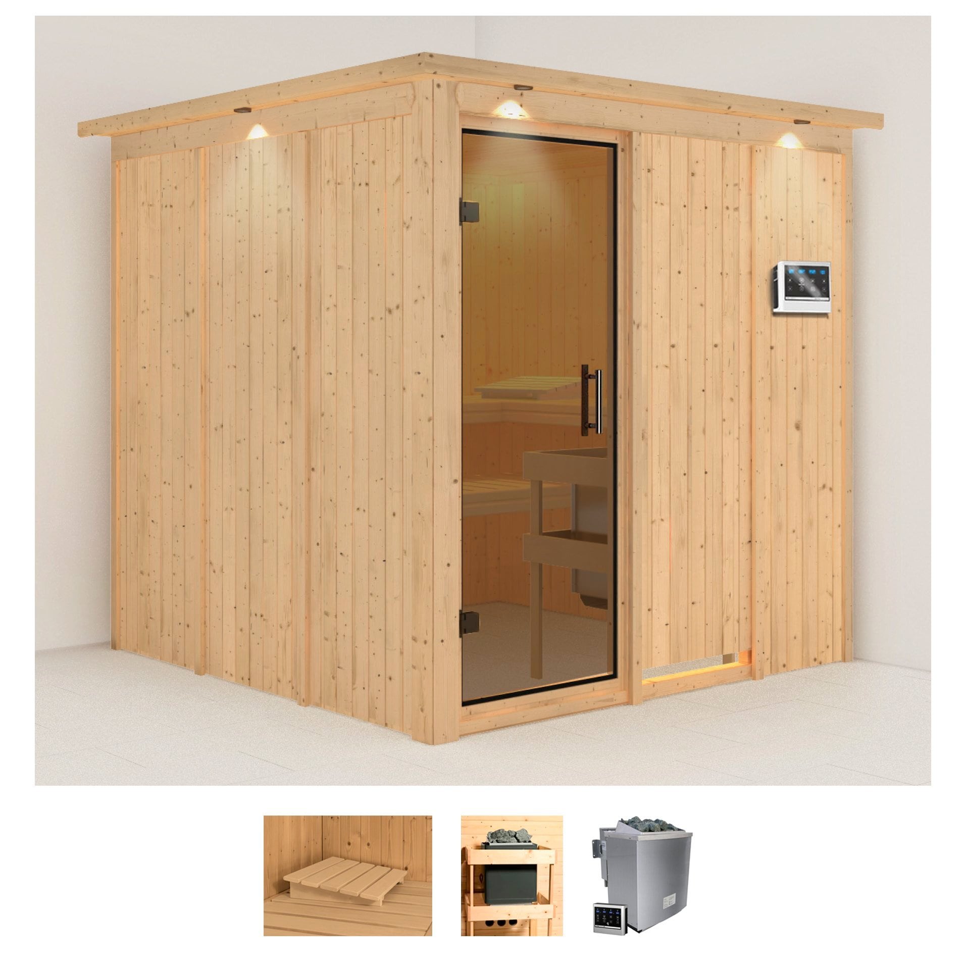 Sauna KARIBU "Rodin", beige (naturbelassen), Bio-Kombiofen, externe Steuerung, 9 kW, Saunen, 9-kW-Bio-Ofen mit externer Steuerung Image