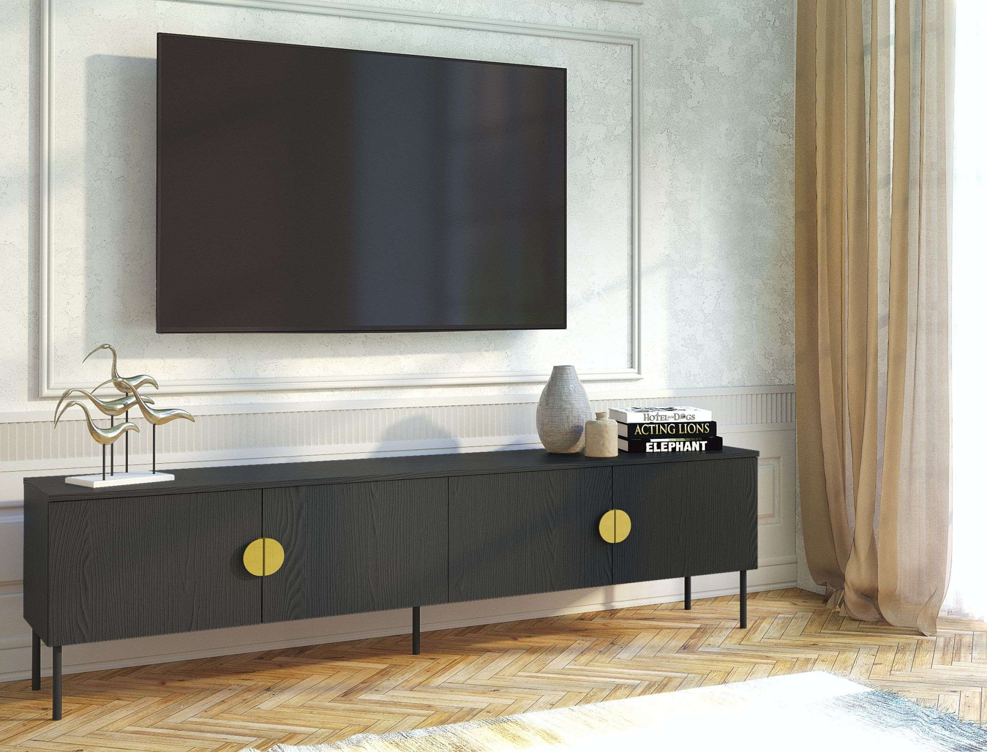 Lowboard HOME AFFAIRE "BELLOT TV-Schrank mit 2 Türen, Maße B/T/H: 160/40/53,6 cm", schwarz, B:200cm H:53,6cm T:40cm, Melamin, Sideboards, Lowboard, schwarze Farbe, mit holzähnlicher Struktur