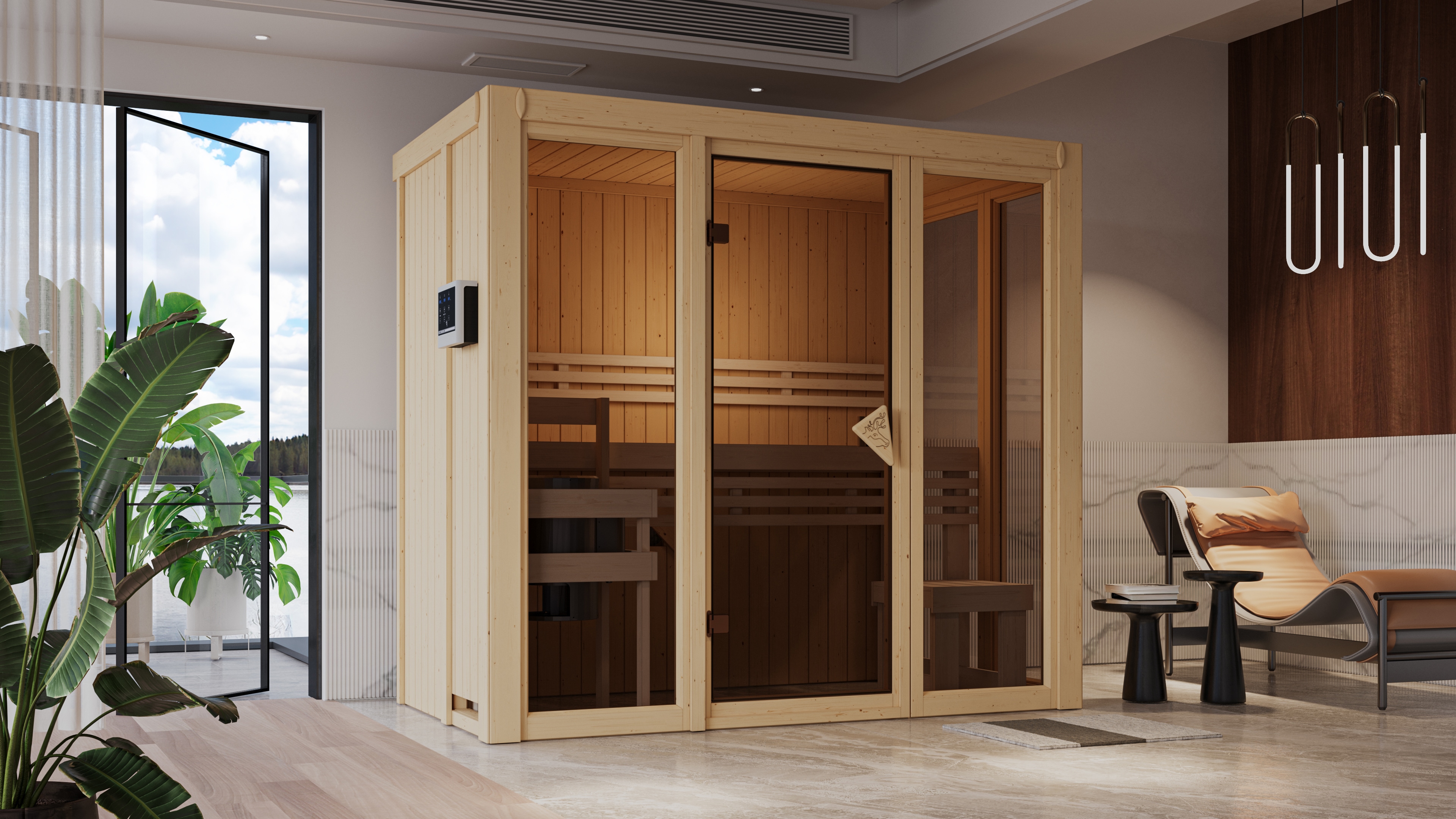 Sauna KARIBU "Vivi 2", beige (naturbelassen), Bio-Ofen, externe Steuerung, 3,6 kW, Saunen Image