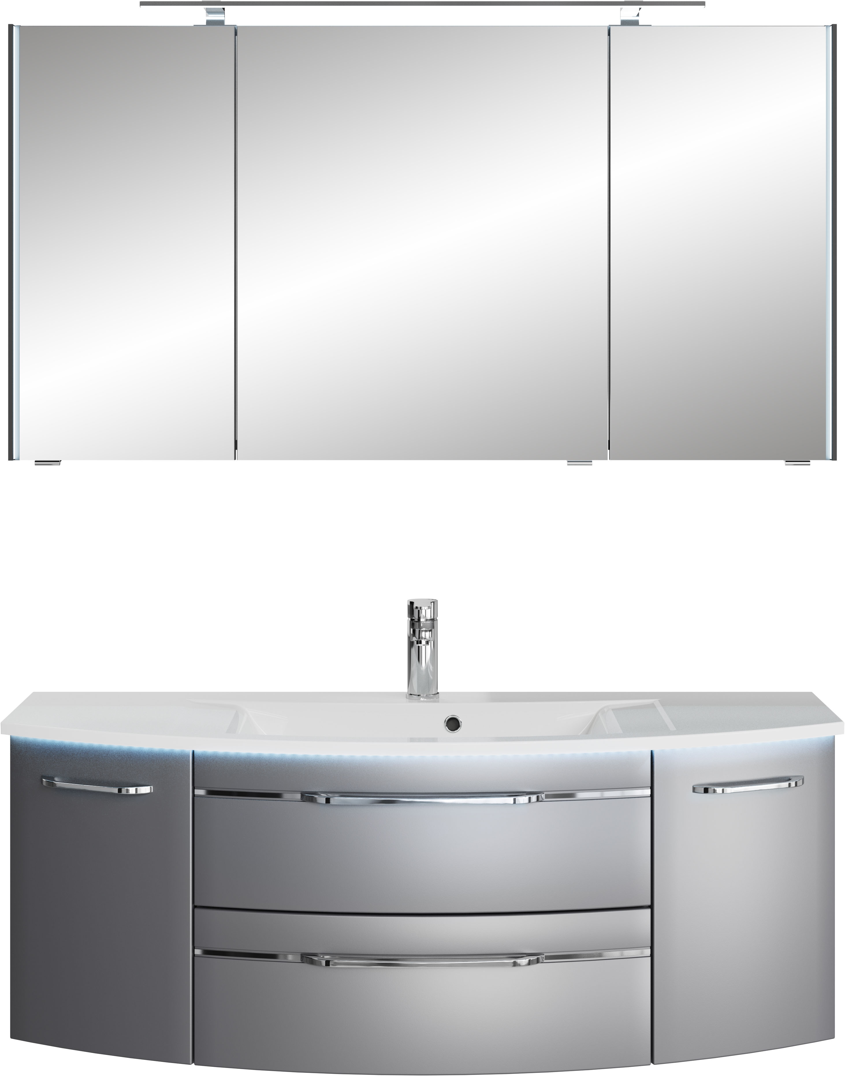 Badmöbel-Set SAPHIR "Serie 7045 2-teilig Mineralmarmor-Waschtisch mit LED-Spiegelschrank", grau (stahlgrau metallic), B:133,2cm H:200cm T:49,8cm, Spanplatte, Kastenmöbel-Sets, Badezimmer-Set 133,2 cm breit, inkl. Türdämpfer, 5 Türen, 2 Schubladen Image