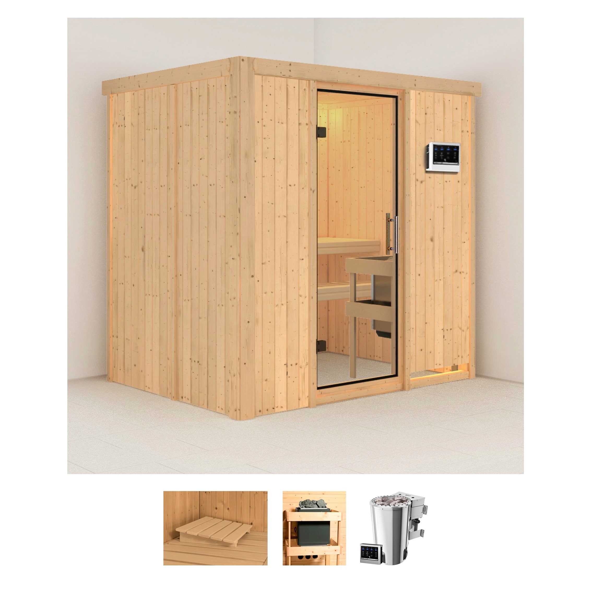 Sauna KARIBU "Finja", beige (naturbelassen), Bio-Kombiofen, externe Steuerung, 3,6 kW, Saunen, Ofen 3,6 kW Bio-Ofen externe Strg. easy