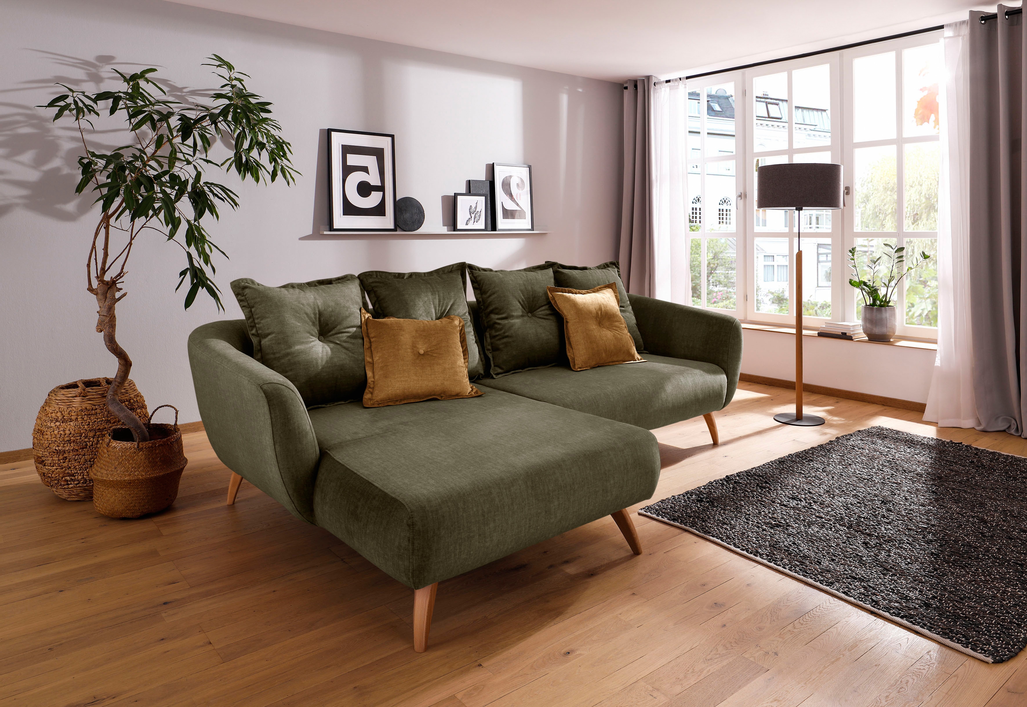 Ecksofa HOME AFFAIRE "Baggio formschöne Polsterecke, bequem, Breite 277cm, L-Form", grün, B:277cm H:80cm T:162cm, Sofas, Ecksofa, Zierkissen inklusive