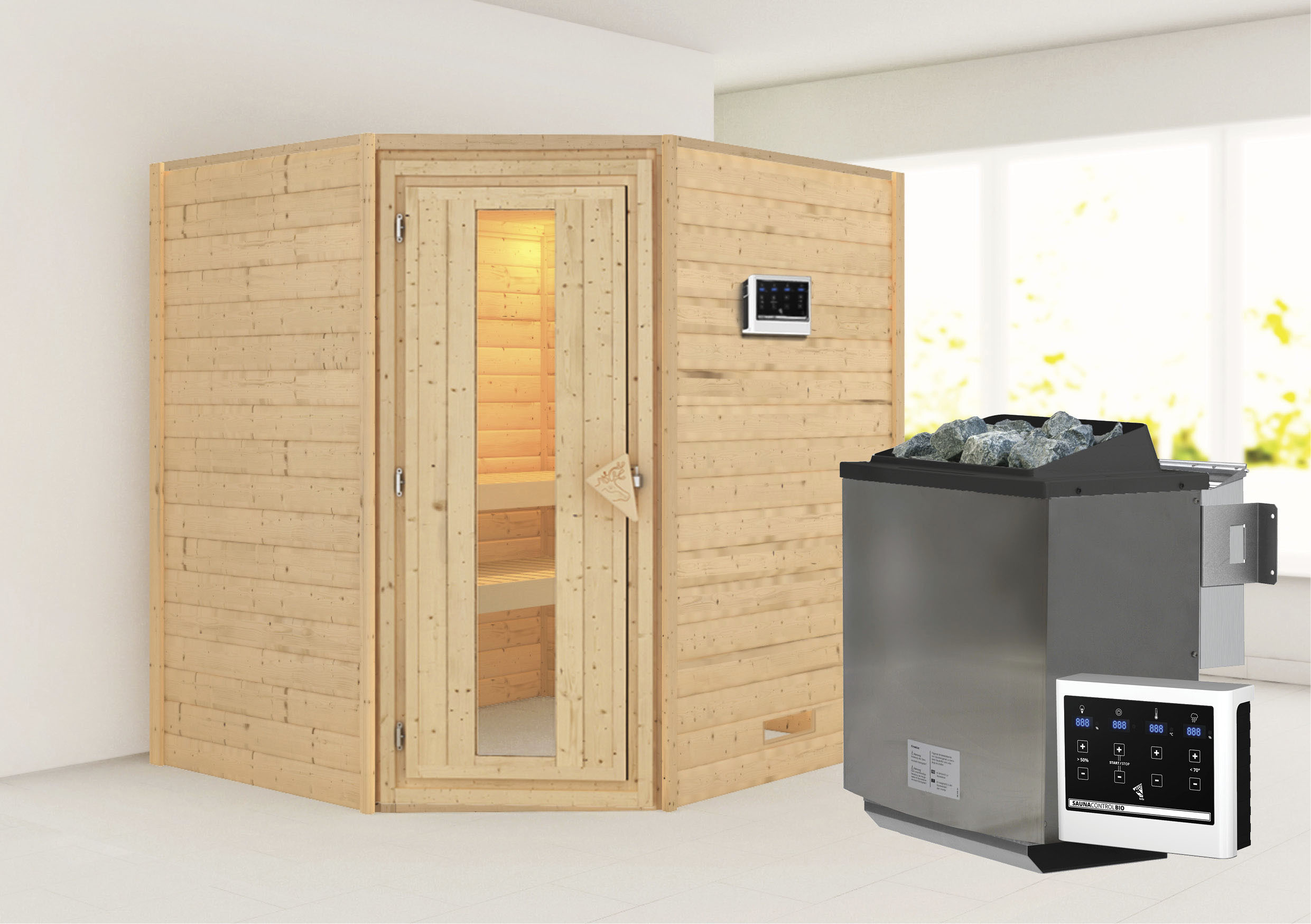 Sauna KARIBU "Mia (Fronteinstieg)", beige (naturbelassen), (ohne Ofen), Saunen, Ofen 9 kW Bio externe Strg easy