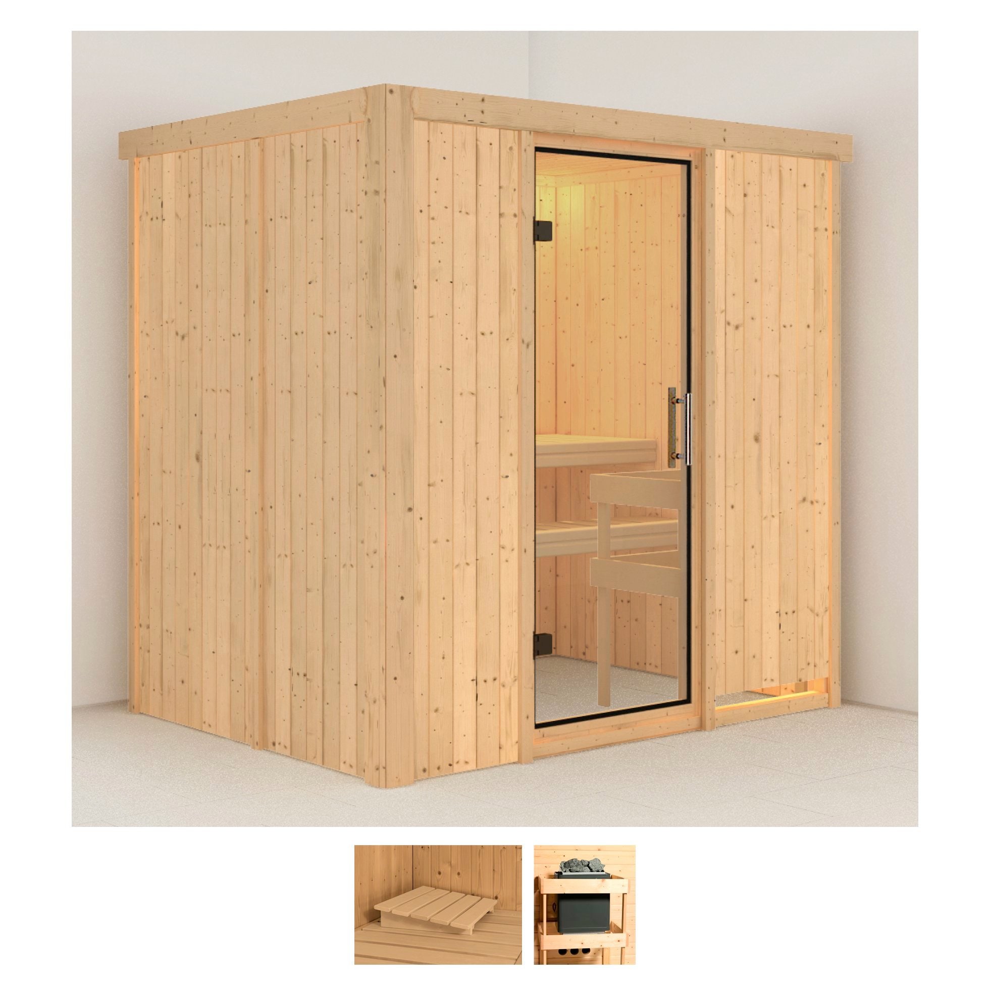 Sauna KARIBU "Finja", beige (naturbelassen), ohne Ofen, (ohne Ofen), Saunen, ohne Ofen