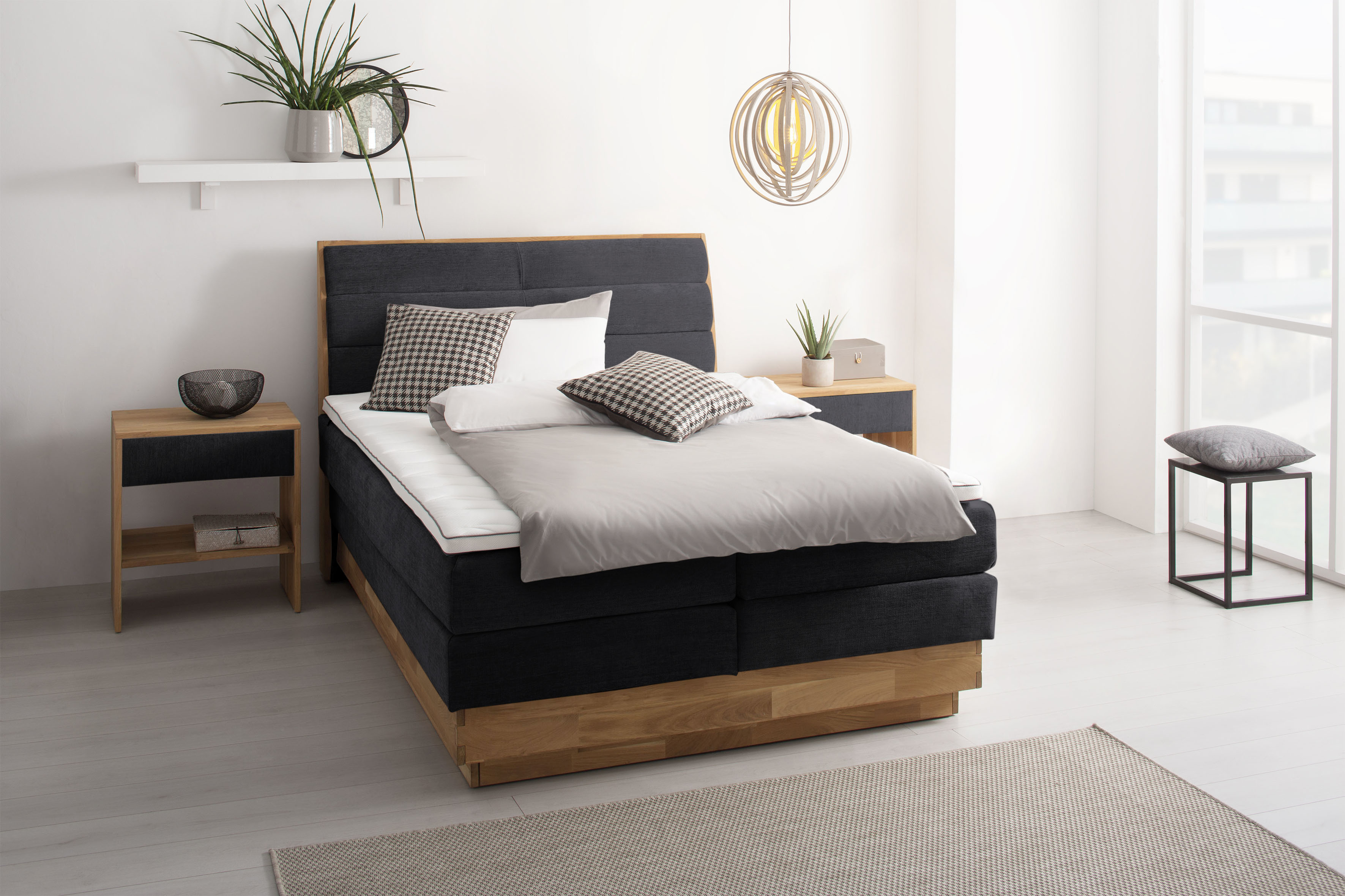 Boxspringbett OTTO HOME "JENNA in verschiedenen Farben und Breiten erhältlich", schwarz (carbone), B:164cm L:216cm, Komplettbetten, Boxspringbett, LED-Beleuchtung, mit zertifizierten, recycelten Bezugsstoffen Image