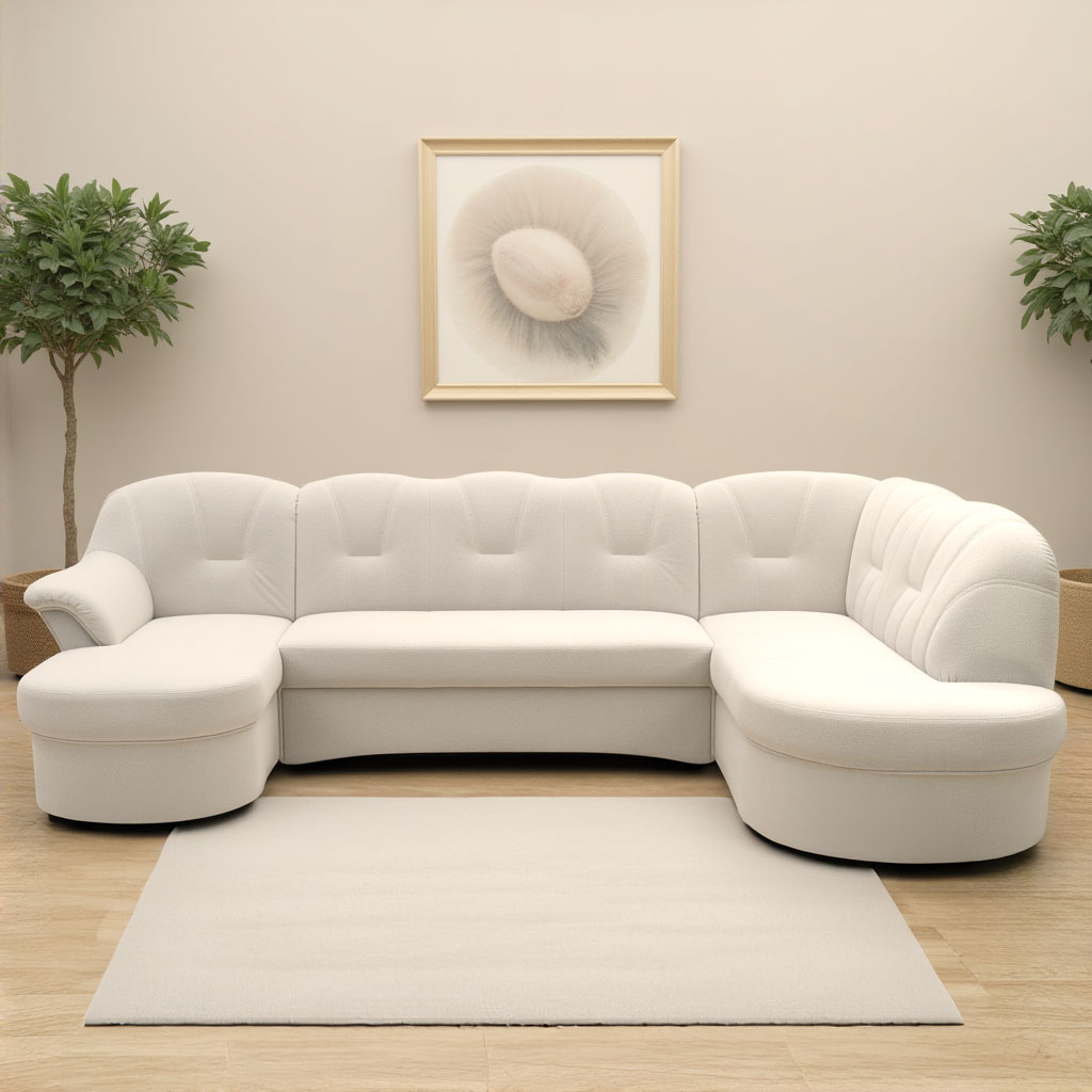 Wohnlandschaft DOMO COLLECTION "Flores auch in Leder-Bezug, B/T/H: 293/180/86 cm, U-Form", beige (creme), B:293cm H:84cm T:182cm, 100% Polyester, Sofas, wahlweise mit Bettfunktion, wahlweise mit Federkern, Topseller