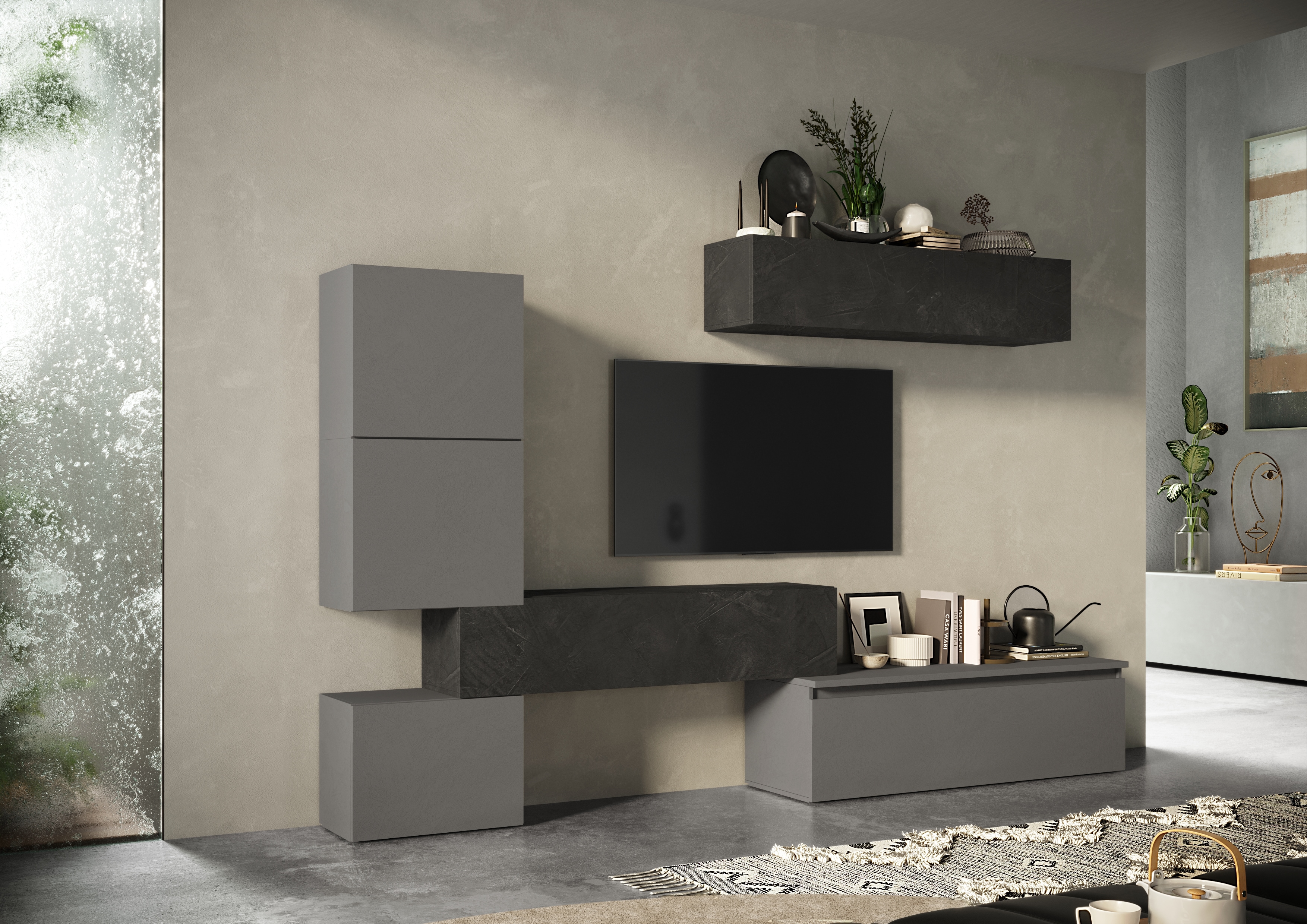 Wohnwand INOSIGN "Infinity, 6tlg. Breite 290 cm, Höhe variabel, Schrankwand, (Lowboard", grau (steingrau (ardesia), bleigrau (piombo)), B:290cm H:190cm T:40cm, Kastenmöbel-Sets, Lowboard hängend, Hängeschrank, 2x Hängewürfel, Würfel-Element)