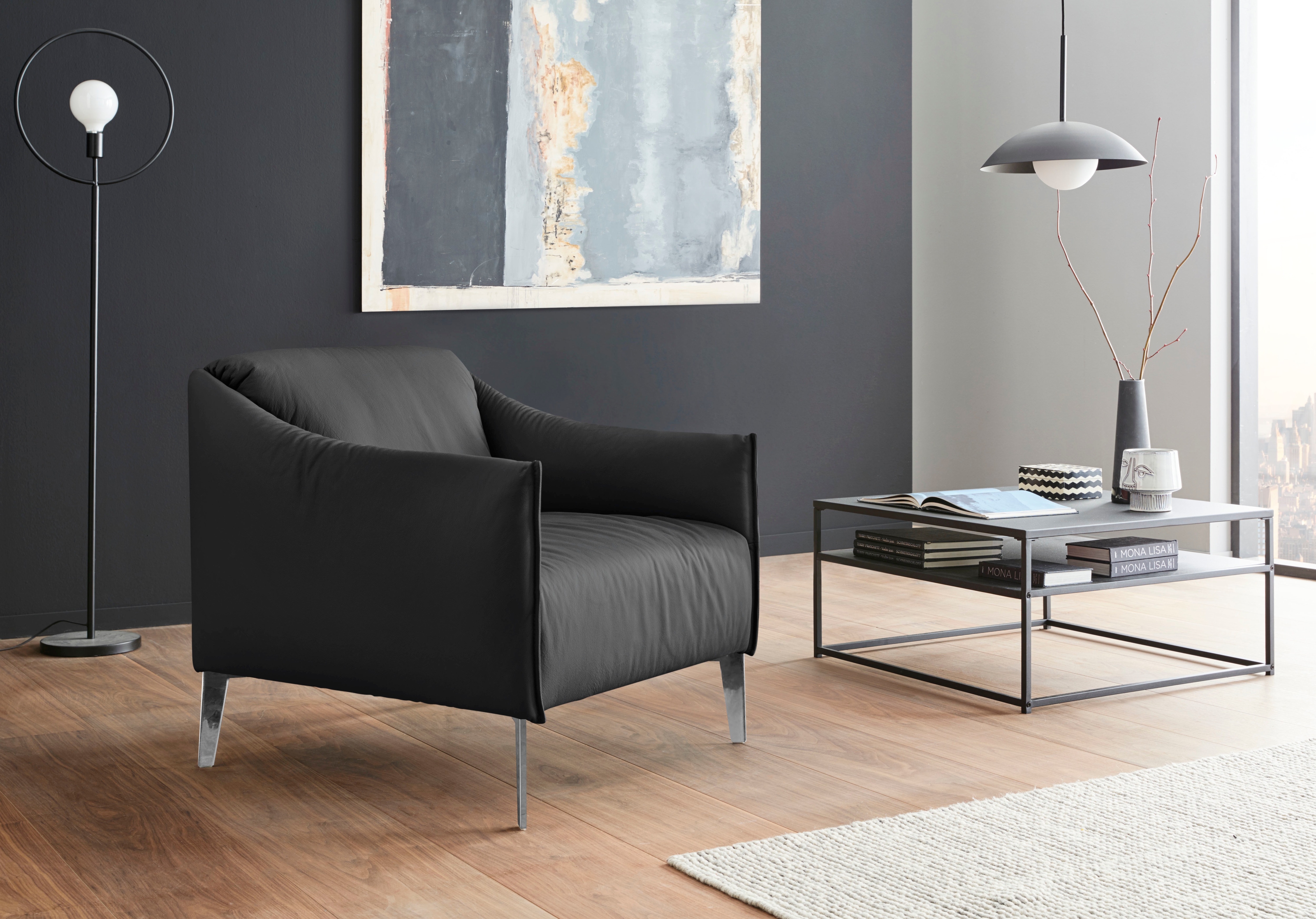 Cocktailsessel W.SCHILLIG "sally Designsessel, Loungesessel", schwarz (schwarz z59), B:84cm H:78cm T:84cm, Longlife Xtra-Leder Z59: Glattleder mit modischer Prägung. Hautstärke 0, 9 - 1, 1 mm., Sessel, mit Metall-Winkelfüßen in Chrom glänzend